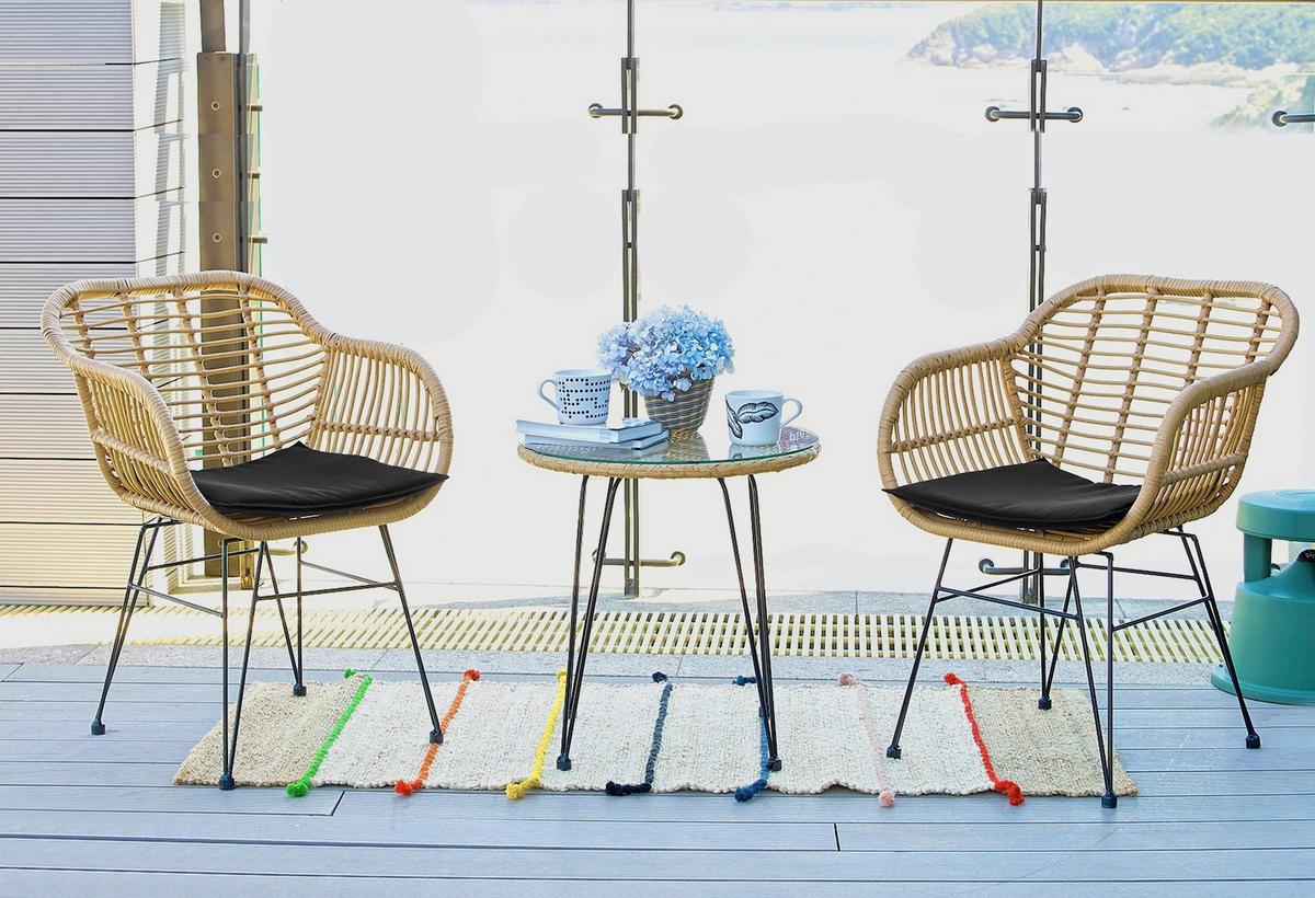 Gartenset 3-tlg. Naturfarben/Schwarz - Klar/Schwarz, Design, Glas/Kunststoff - Gardenson