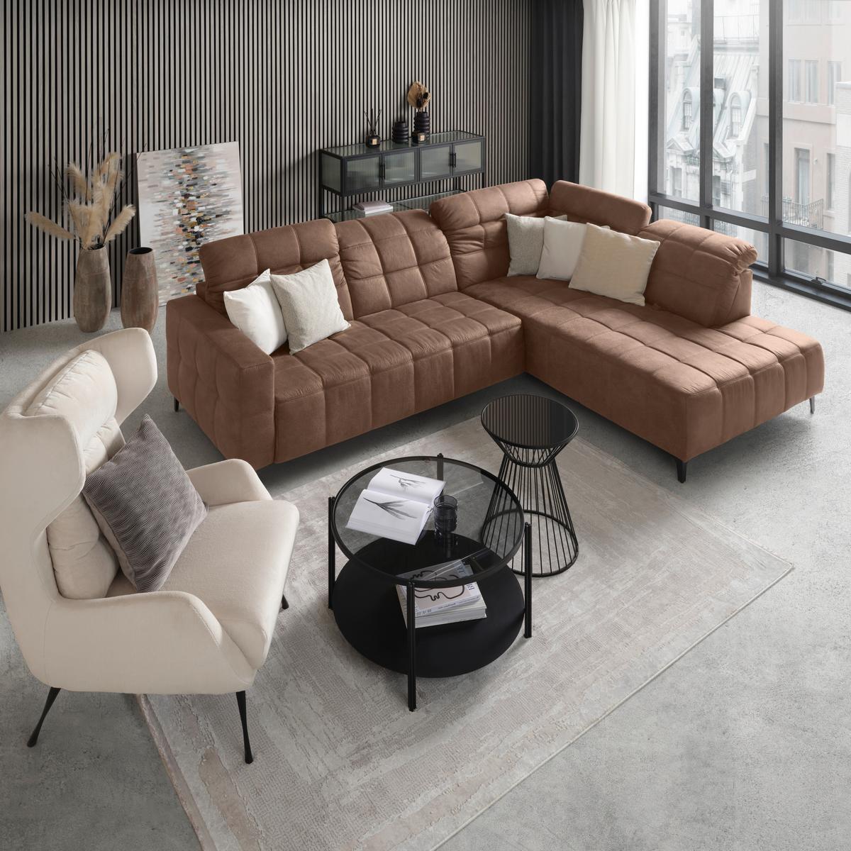 Ecksofa Panama rechts Terracotta - Terracotta/Schwarz, KONVENTIONELL, Textil/Metall (304/89-102/216cm) - Premium Living