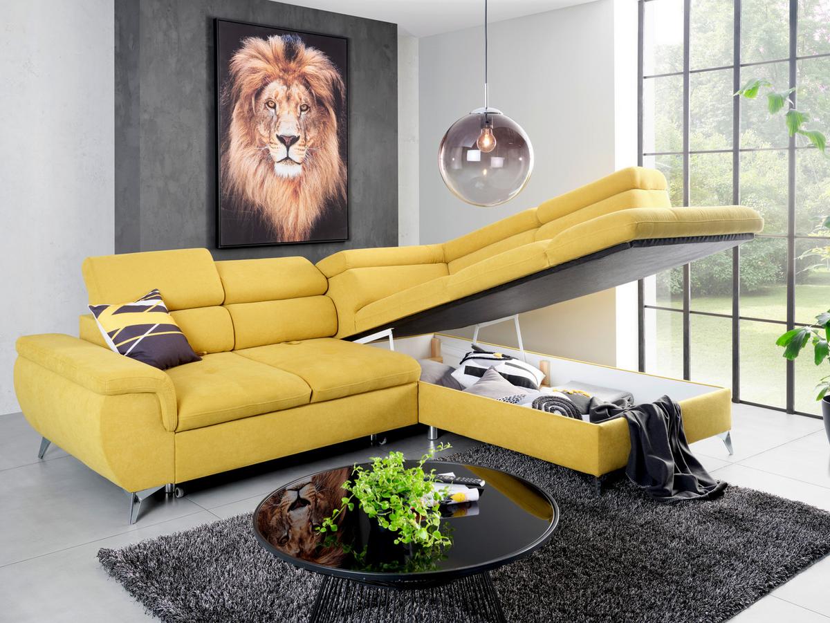 Sedežna Garnitura Monk , Z Ležiščem In Predalom - rumena/srebrne barve, Konvencionalno, kovina/tekstil (271/101/222cm) - Premium Living
