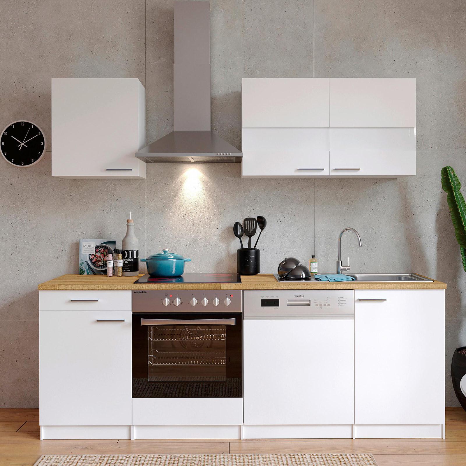 Küchenzeile Economy m. Geräten Weiß/Nussbaum B: ca. 220 cm - Edelstahlfarben/Nussbaumfarben, Basics, Holzwerkstoff/Metall (220cm) - Respekta