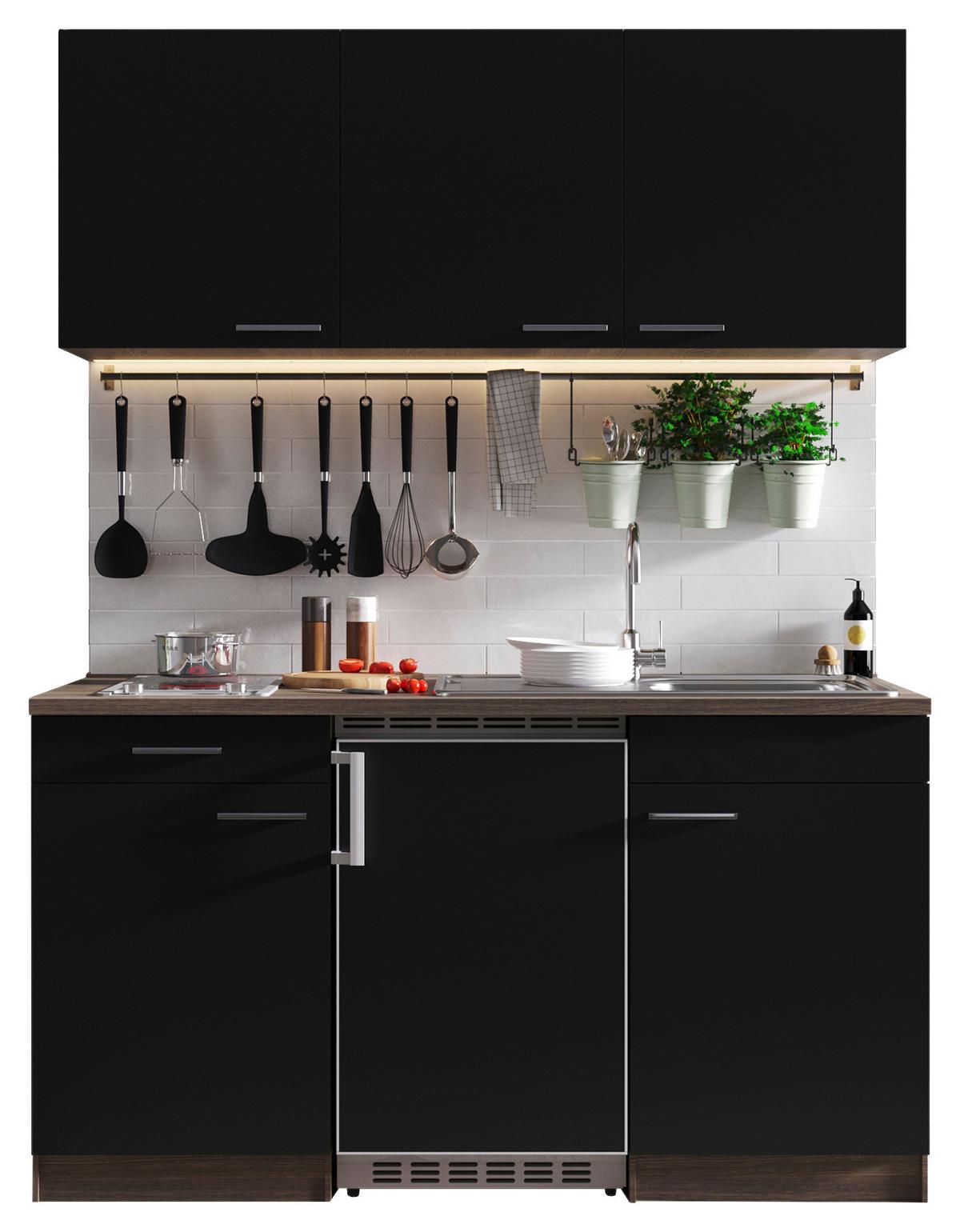 Miniküche Oliver mit Geräten ca. 150 cm Schwarz - Eichefarben/Schwarz, Basics, Holzwerkstoff/Kunststoff - Respekta
