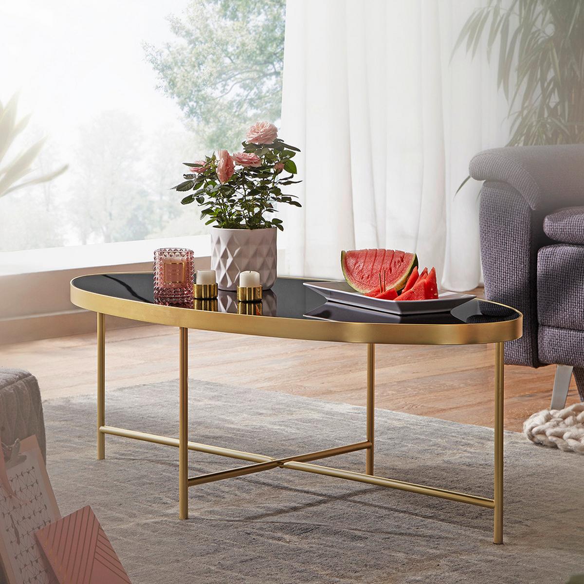 Couchtisch "WL5.993" ca. 110x56 cm, schwarz - Goldfarben/Schwarz, Design, Glas/Metall (110/56/41cm) - MID.YOU