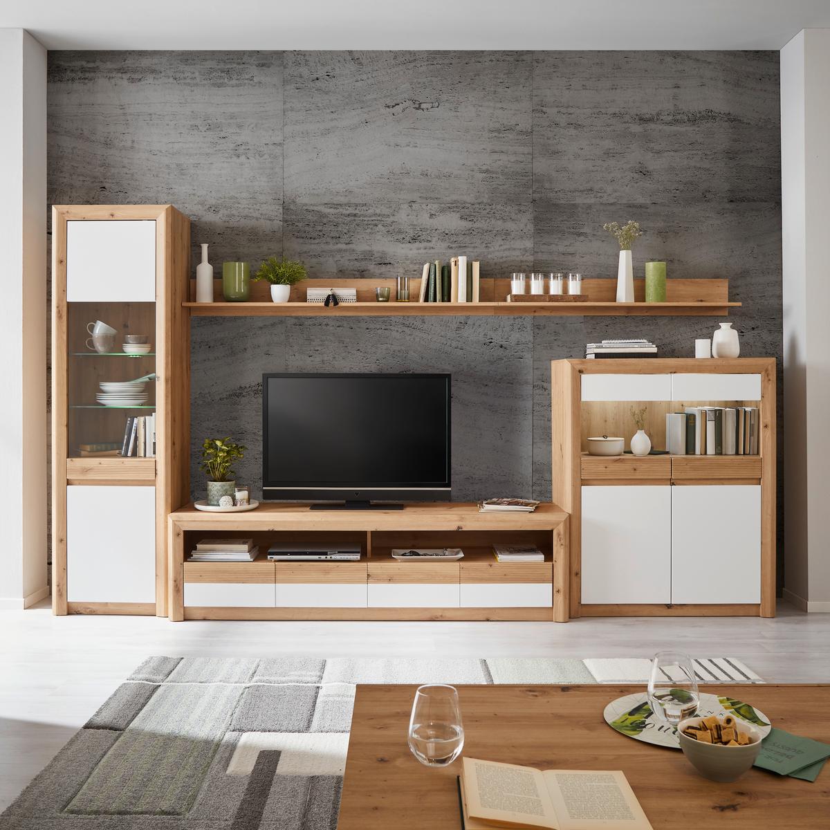 Vitrină KASHMIR NEW - alb/culoare lemn stejar, Modern, material pe bază de lemn (57/192/41cm) - Modern Living