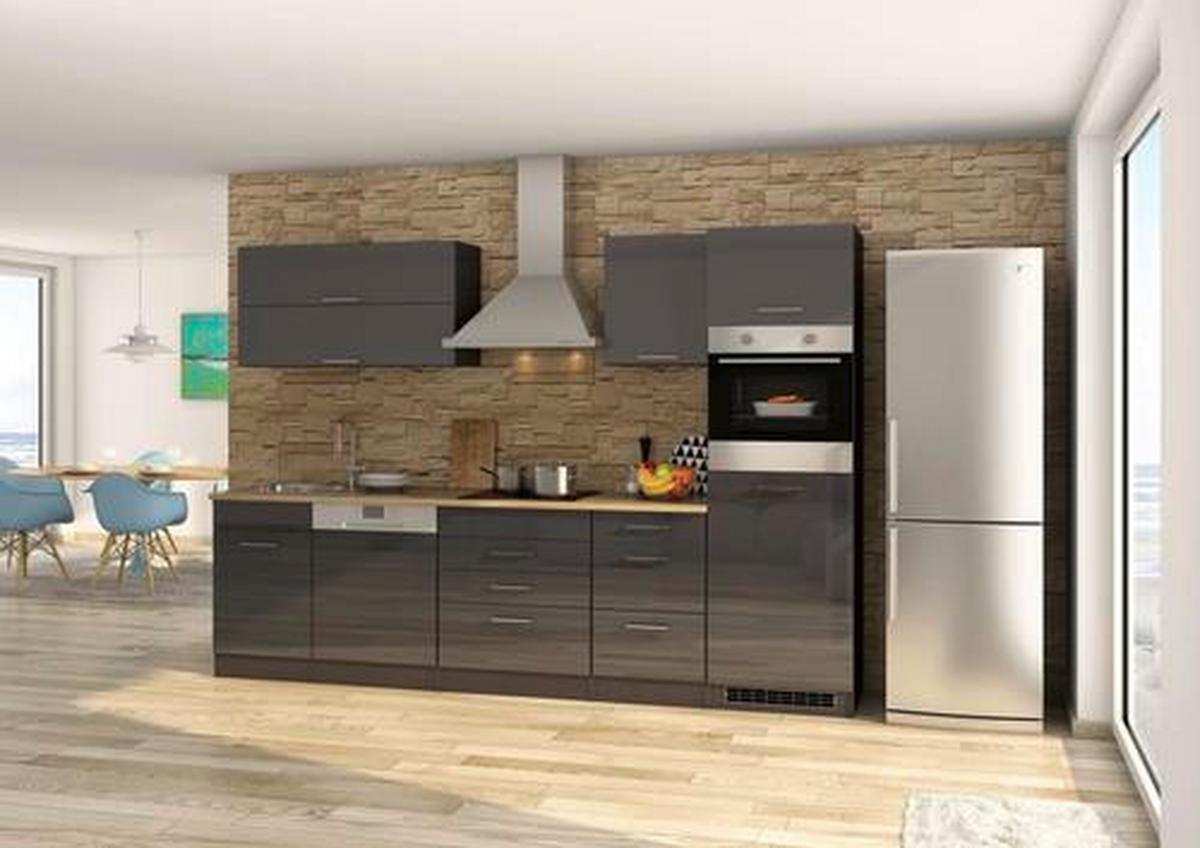 Küchenblock in Anthrazit inkl. E-Geräte 'Mailand' - Chromfarben/Eichefarben, MODERN, Holzwerkstoff/Metall (300cm) - Held