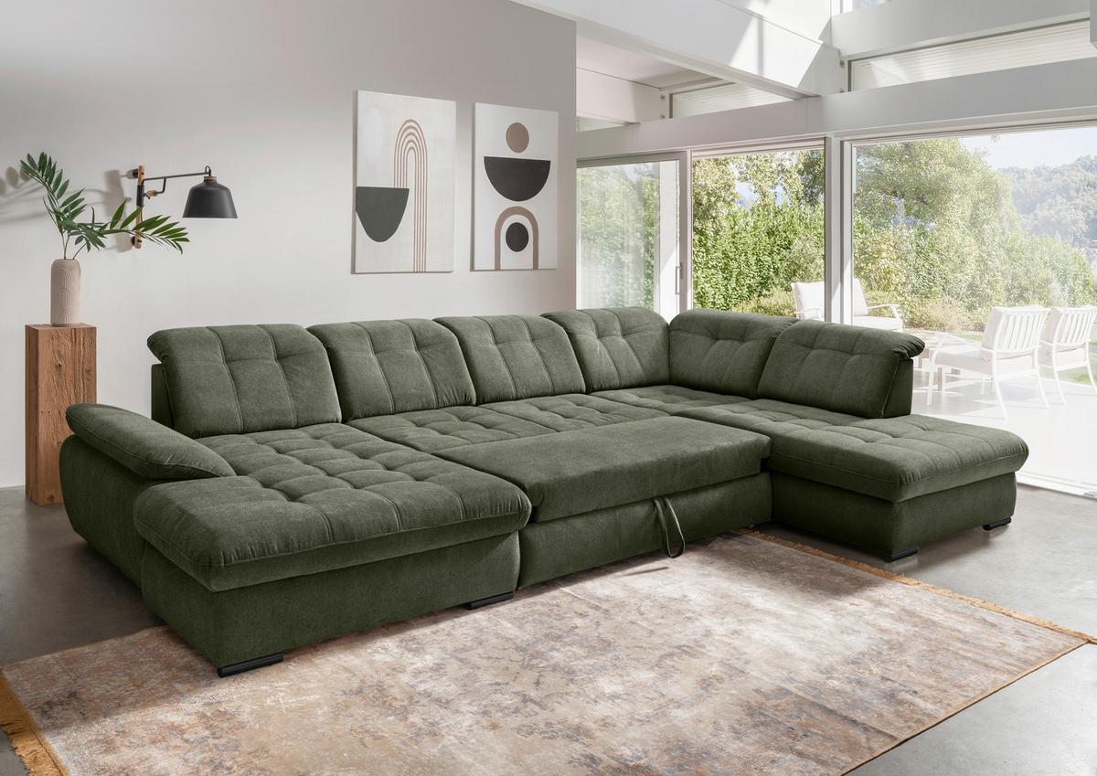 Wohnlandschaft Rigatti Dunkel Grün Chenille m. Bettkasten - Dunkelgrün/Schwarz, MODERN, Textil/Metall (184/387/252cm) - Livetastic