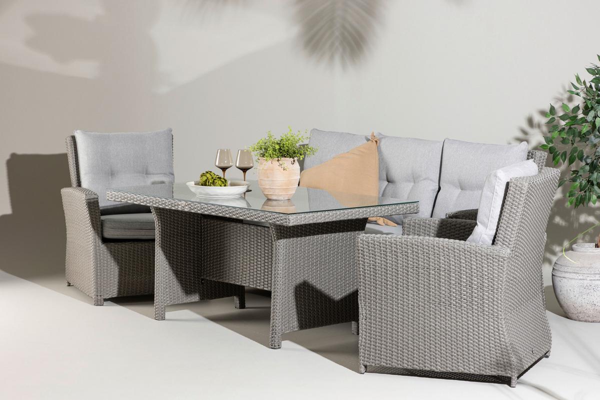 Dining-Loungeset Brentwood Grau, Kunststoffgeflecht - Grau, KONVENTIONELL, Glas/Kunststoff - Gardenson