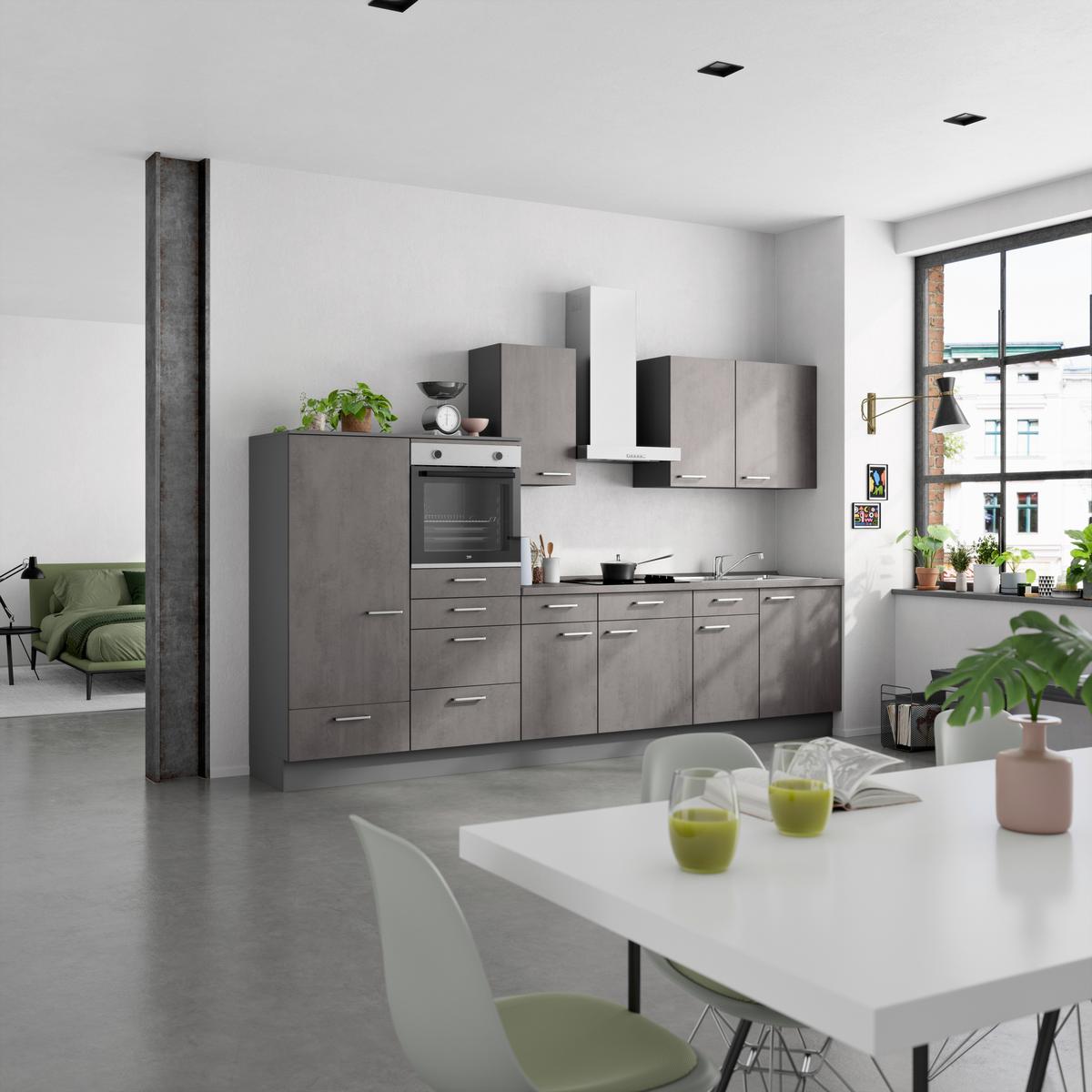 Küchenblock Riva Low m. Geräten Schieferfarben - Schieferfarben/Edelstahlfarben, MODERN, Holzwerkstoff/Metall (330cm) - Nobilia