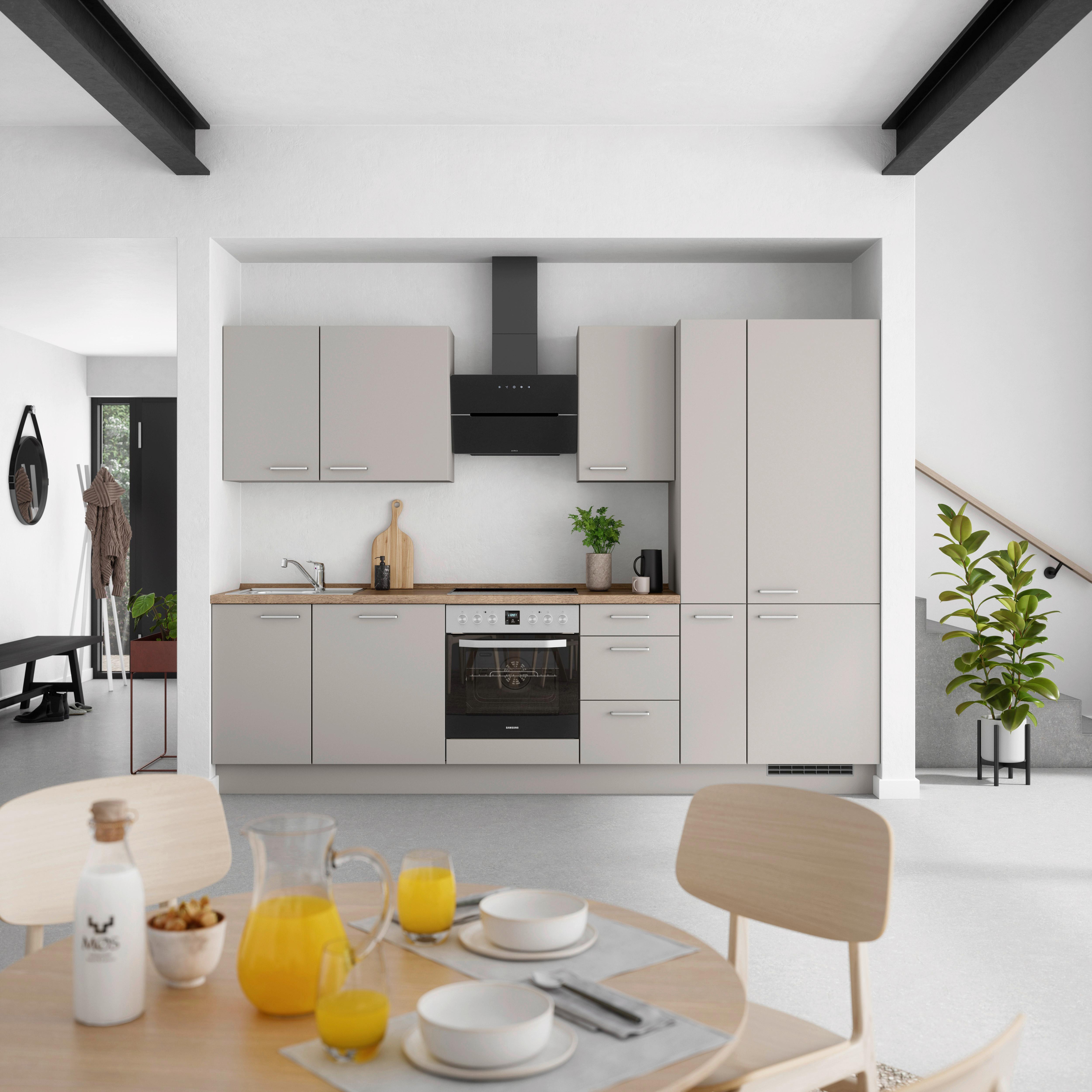 Küchenblock Touch High m. Geräten Grau - Eiche dunkel/Edelstahlfarben, MODERN, Holzwerkstoff/Metall (300cm) - Nobilia