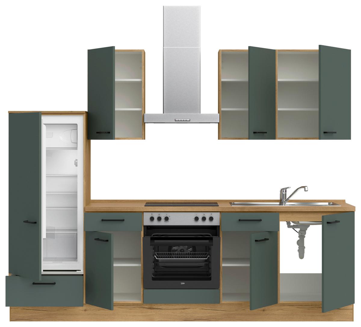 Küchenblock Easytouch m. Geräten Dunkelgrün - Dunkelgrün/Eichefarben, MODERN, Holzwerkstoff/Metall (270cm) - Nobilia