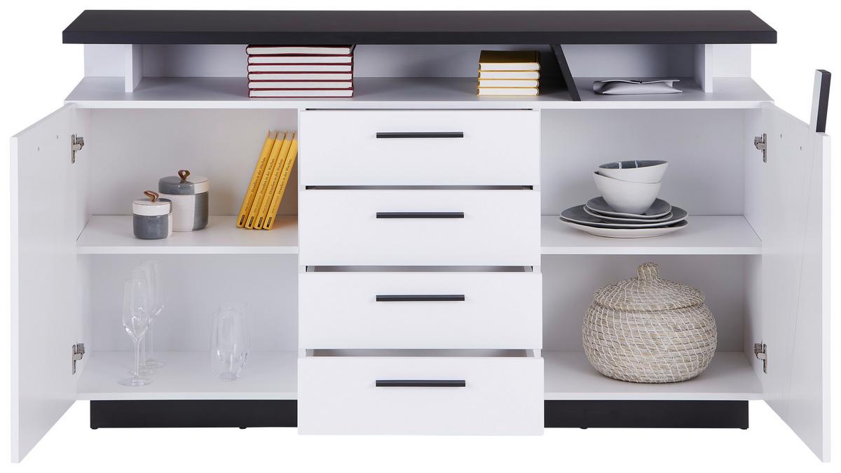 Komoda Maxi, Bela, Temno Siva - Moderno, umetna masa/leseni material (150,2/90/41,9cm) - Premium Living