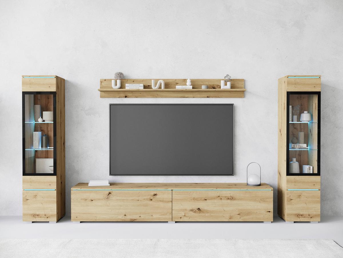Wohnwand Vera II 4-tlg. ca. 240x130 cm Eiche Artisan - Eiche Artisan/Grau, Basics, Glas/Holzwerkstoff (240/130/33cm) - Livetastic