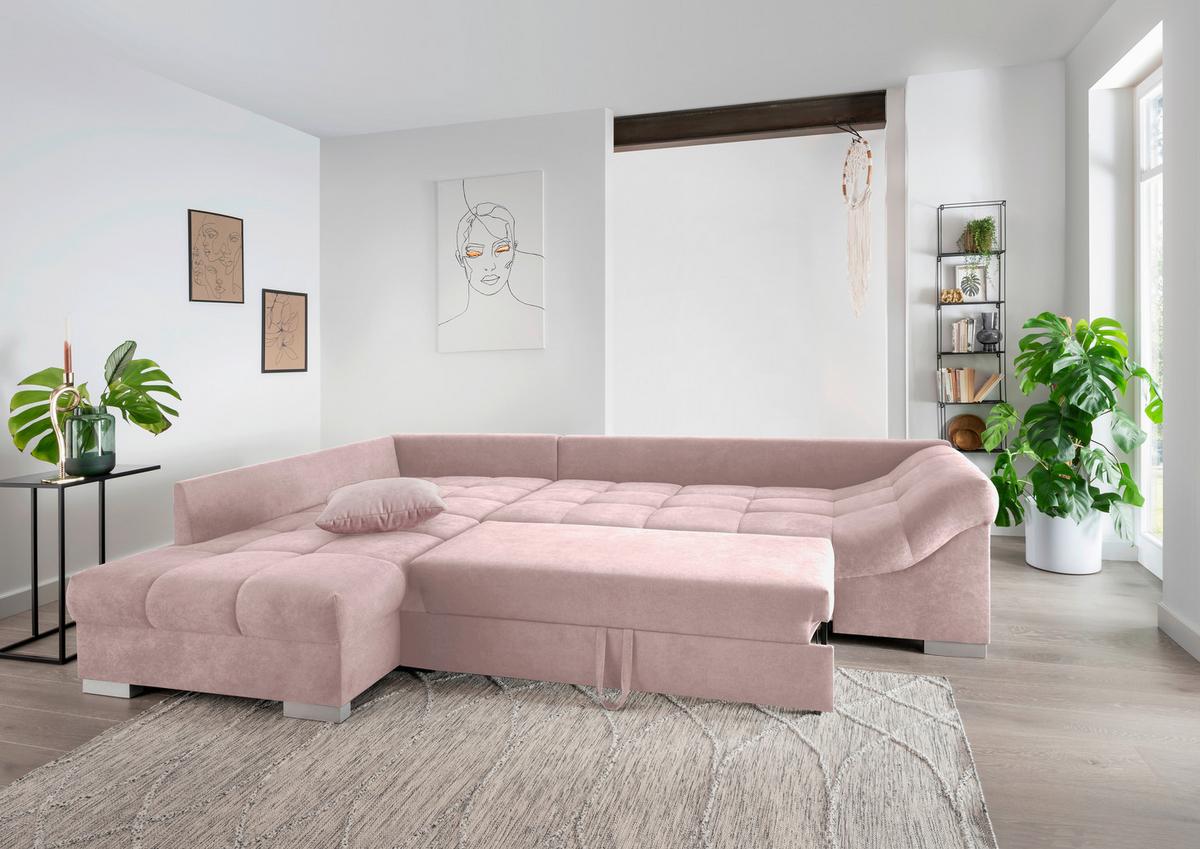 Wohnlandschaft Alvito Rosa Nylon/Mikrofaser - Silberfarben/Rosa, Design, Holz/Textil (202/298cm) - MID.YOU
