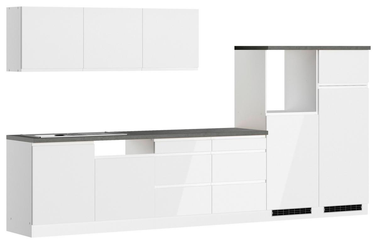Küchenzeile Monza ohne Geräte ca. 360 cm Weiß/Grau + Spüle - Weiß Hochglanz/Weiß, LIFESTYLE, Holzwerkstoff (360cm) - Held