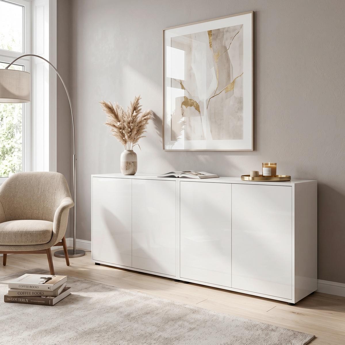 Sideboard Mailand Set 2 Weiß - Weiß Hochglanz/Schwarz, MODERN, Holzwerkstoff/Kunststoff (158/73/33cm) - MID.YOU
