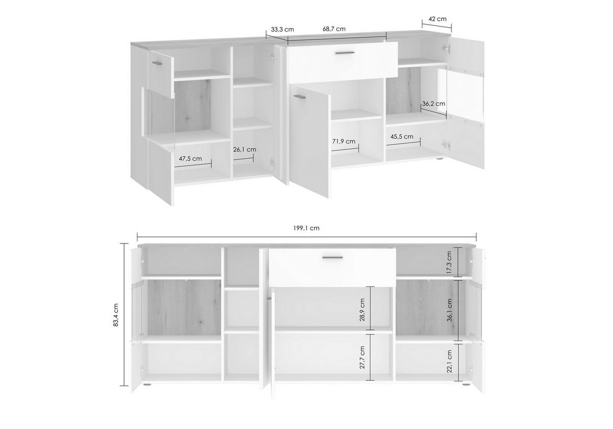 Komoda Dalano - bijela/boje hrasta, Trend, staklo/drvni materijal (199,1/83,4/42cm) - Modern Living