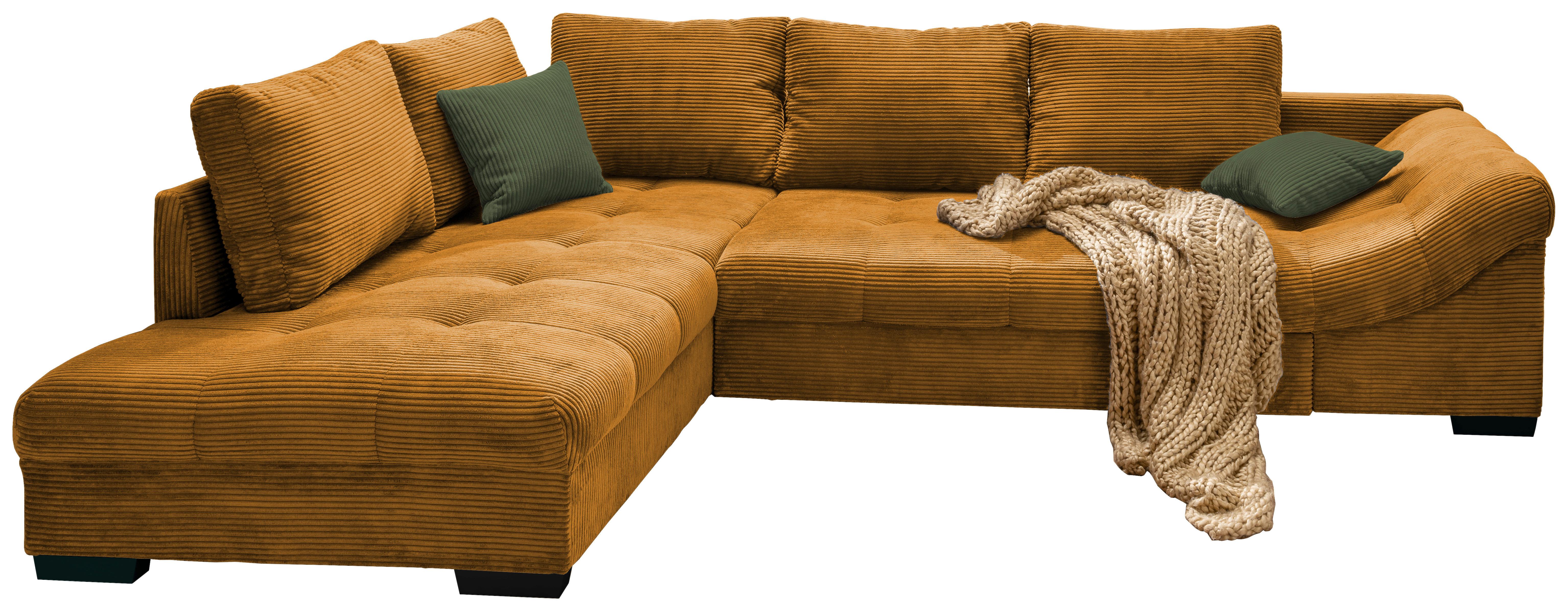 Wohnlandschaft Alvito Cognac Cord - Dunkelgrün/Cognac, Design, Holz/Textil (202/298cm) - P & B