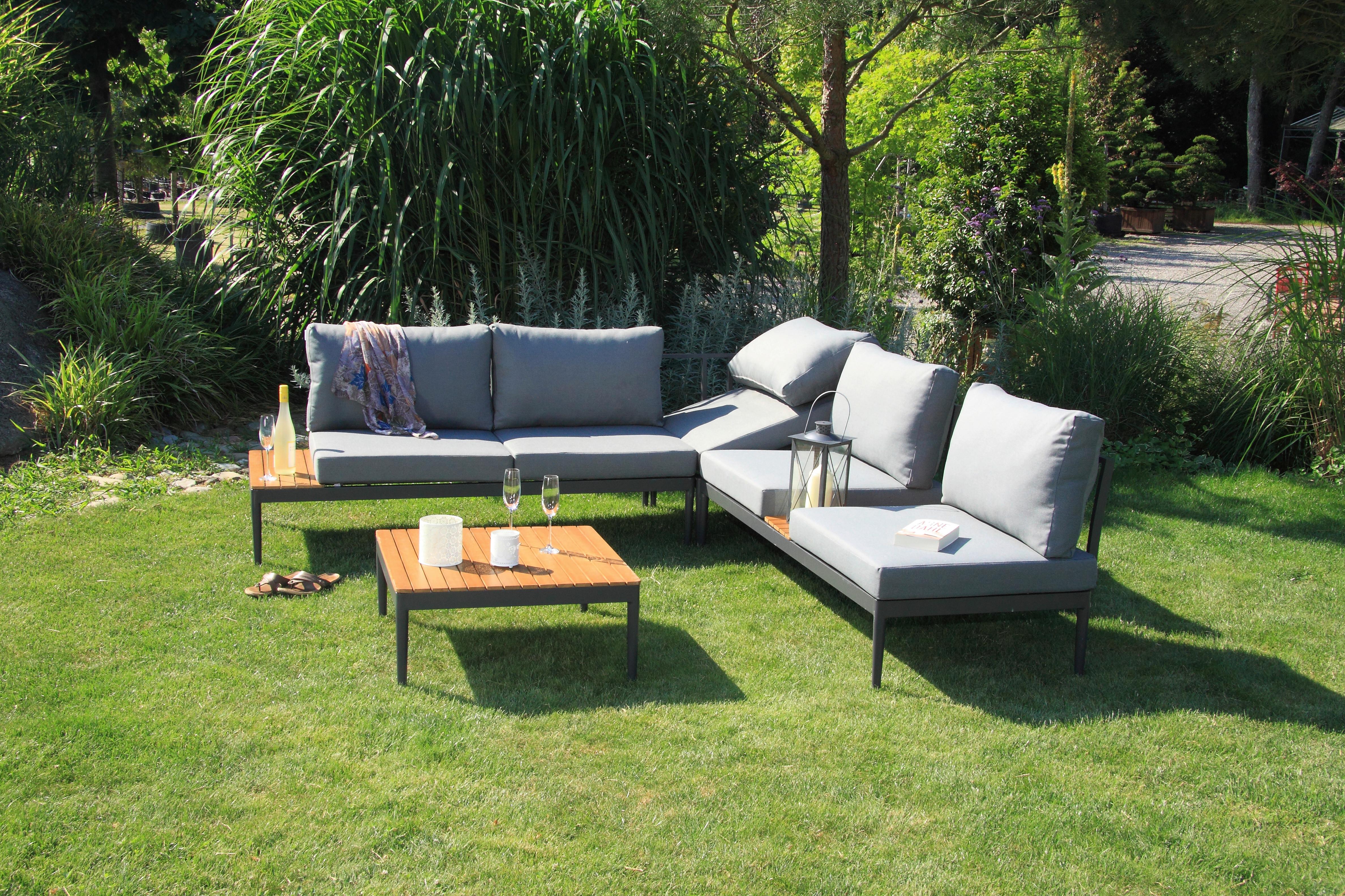 Loungegarnitur Acamp Paros Anthrazit/Teakfarben - Anthrazit/Silberfarben, Basics, Holz/Textil (243/68/243cm) - Acamp