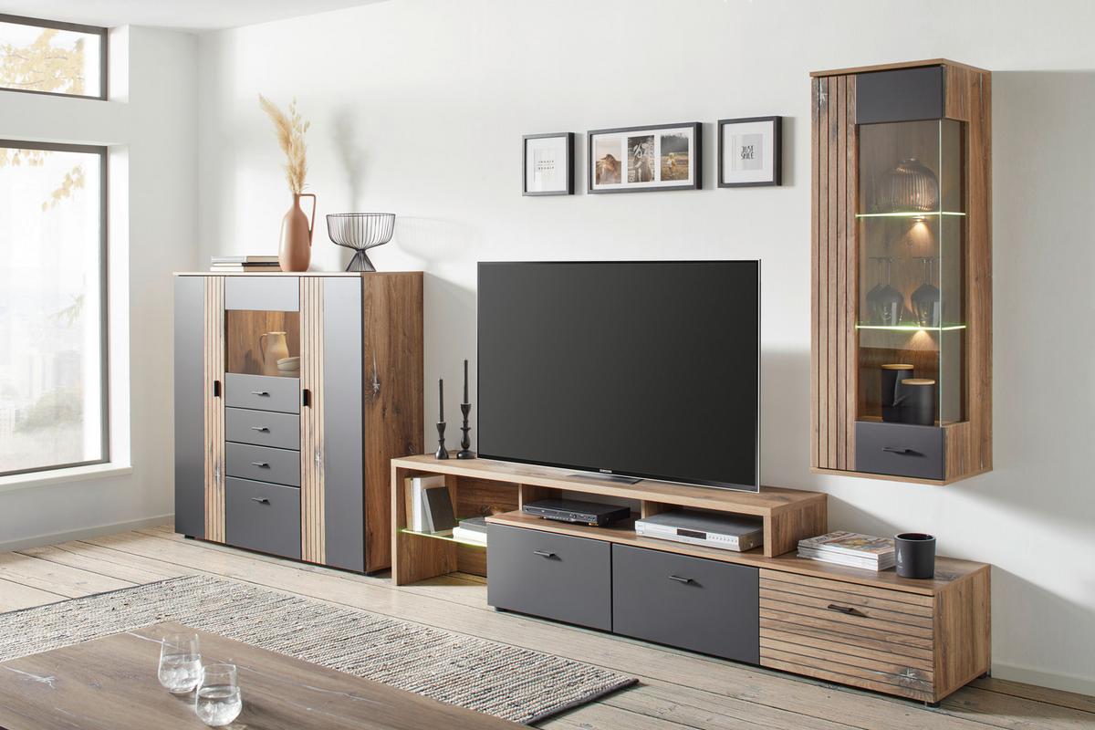Hängevitrine in Grau/Natur - Schwarz, MODERN, Glas/Holzwerkstoff (45/129/38cm) - Mömax