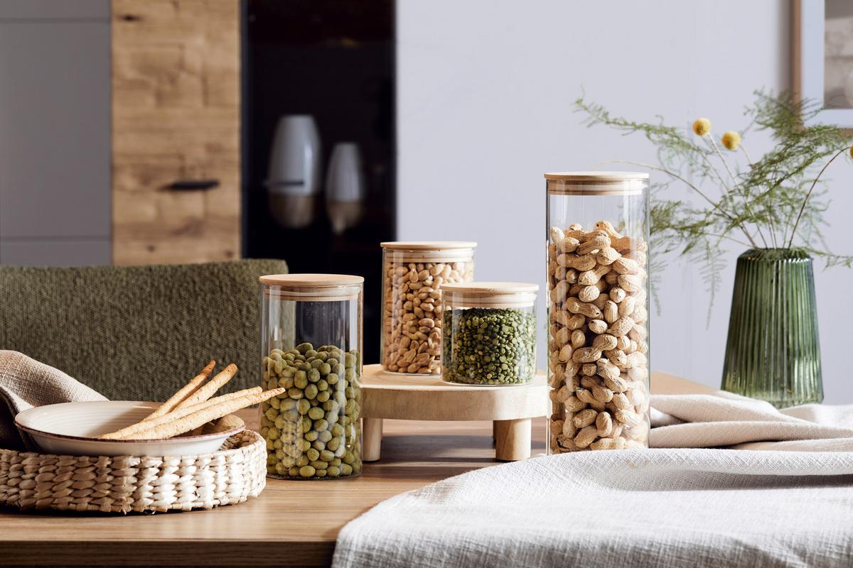 Vorratsdose Hedvig aus Glas Ø ca. 10cm - Naturfarben, Glas/Holz (10/19cm) - Zandiara