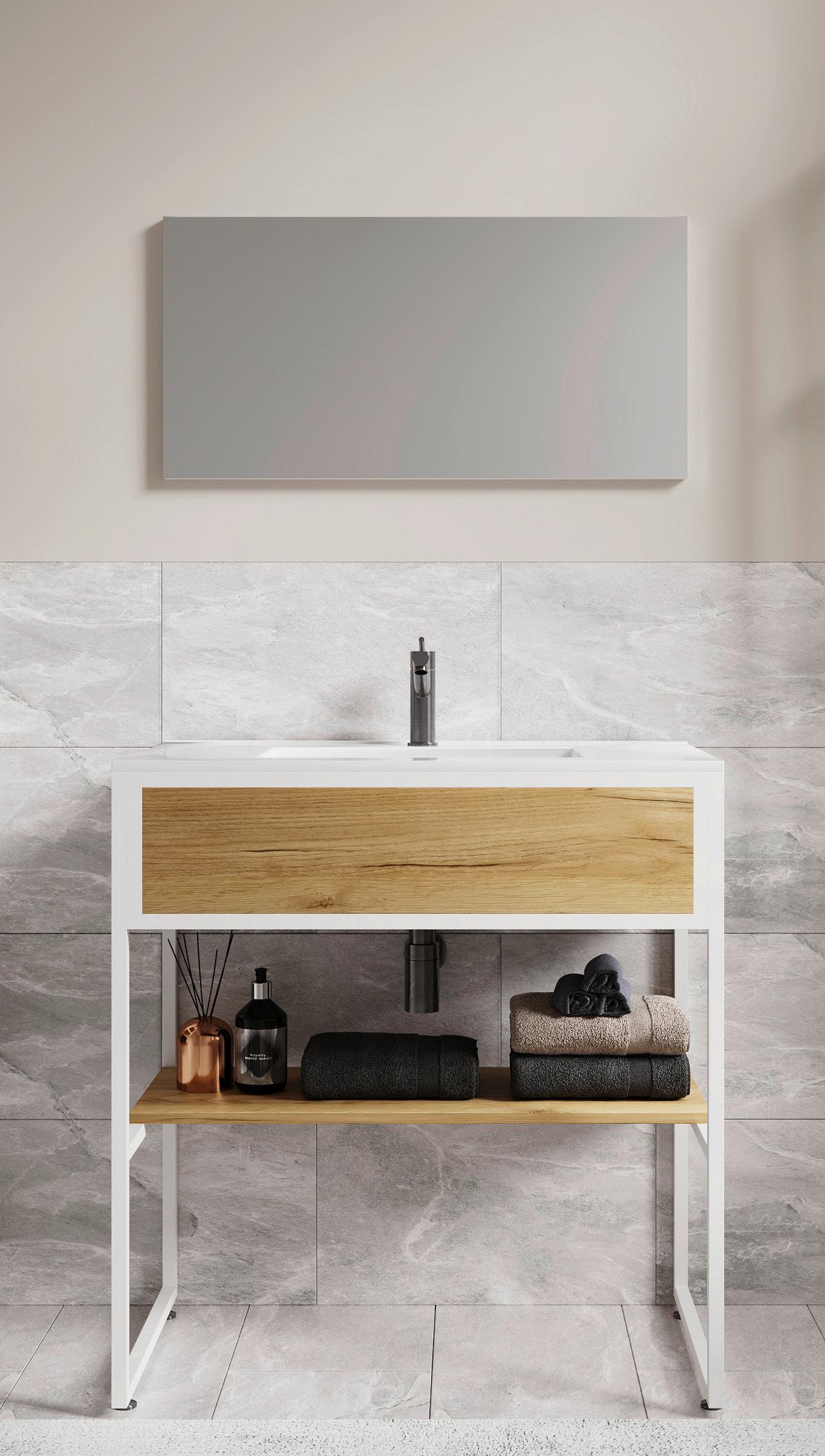 Kopalnica Bitila 80, Bela, Barva Hrasta - bela/medeni hrast, Moderno, kovina/steklo (80cm) - MID.YOU