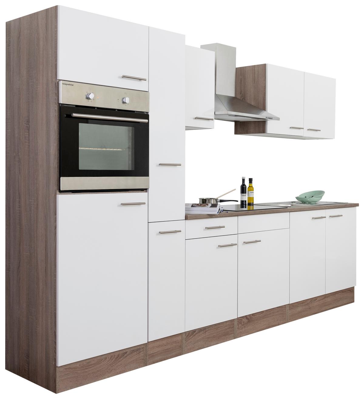 Küchenzeile Economy o. Geräte Weiß/Eiche B: ca. 300 cm - Eichefarben/Silberfarben, Basics, Holzwerkstoff/Metall (300/205/60cm) - Respekta