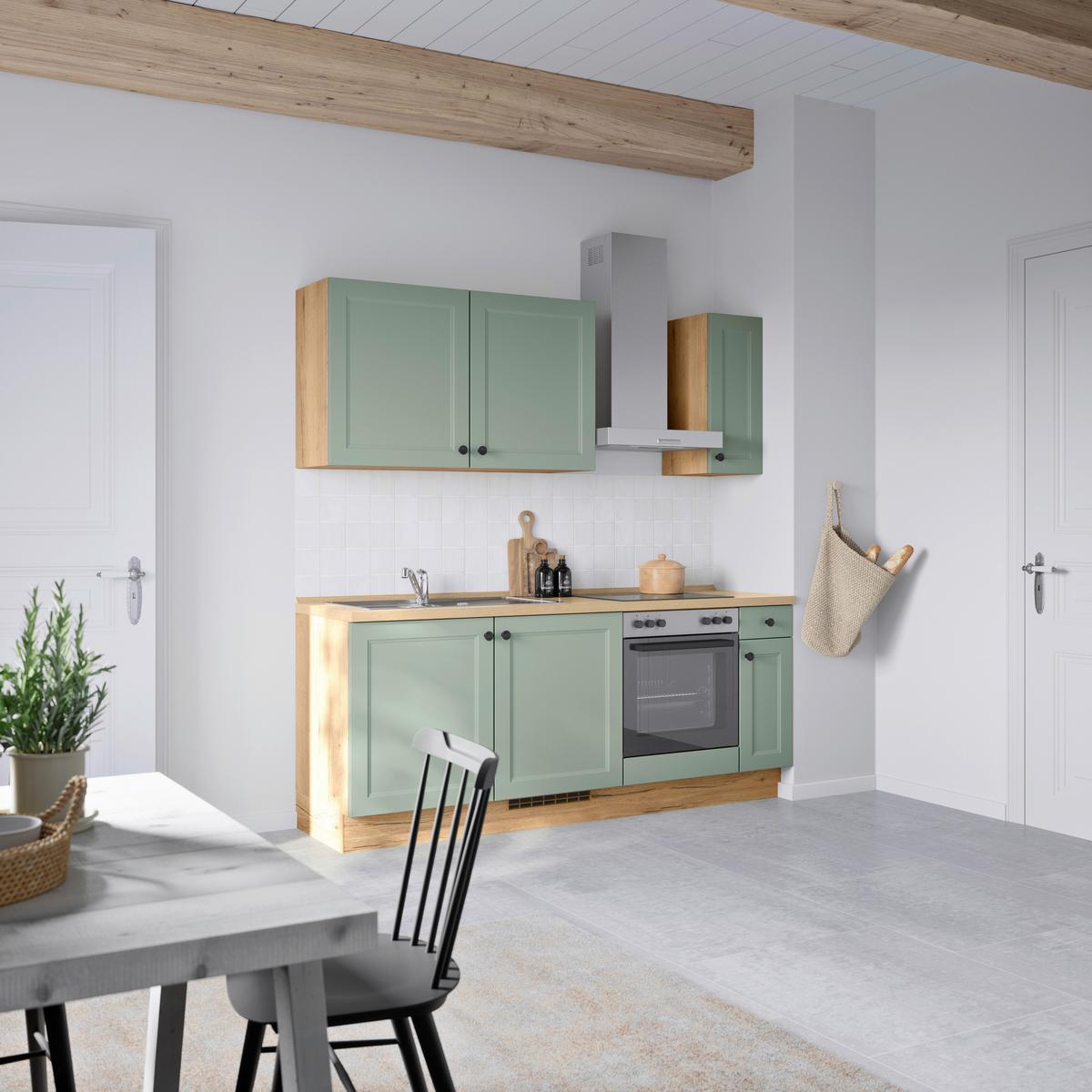 Küchenblock Cascada Low m. Geräten Schilfgrün - Schilfgrün/Eichefarben, MODERN, Holzwerkstoff/Metall (210cm) - Nobilia