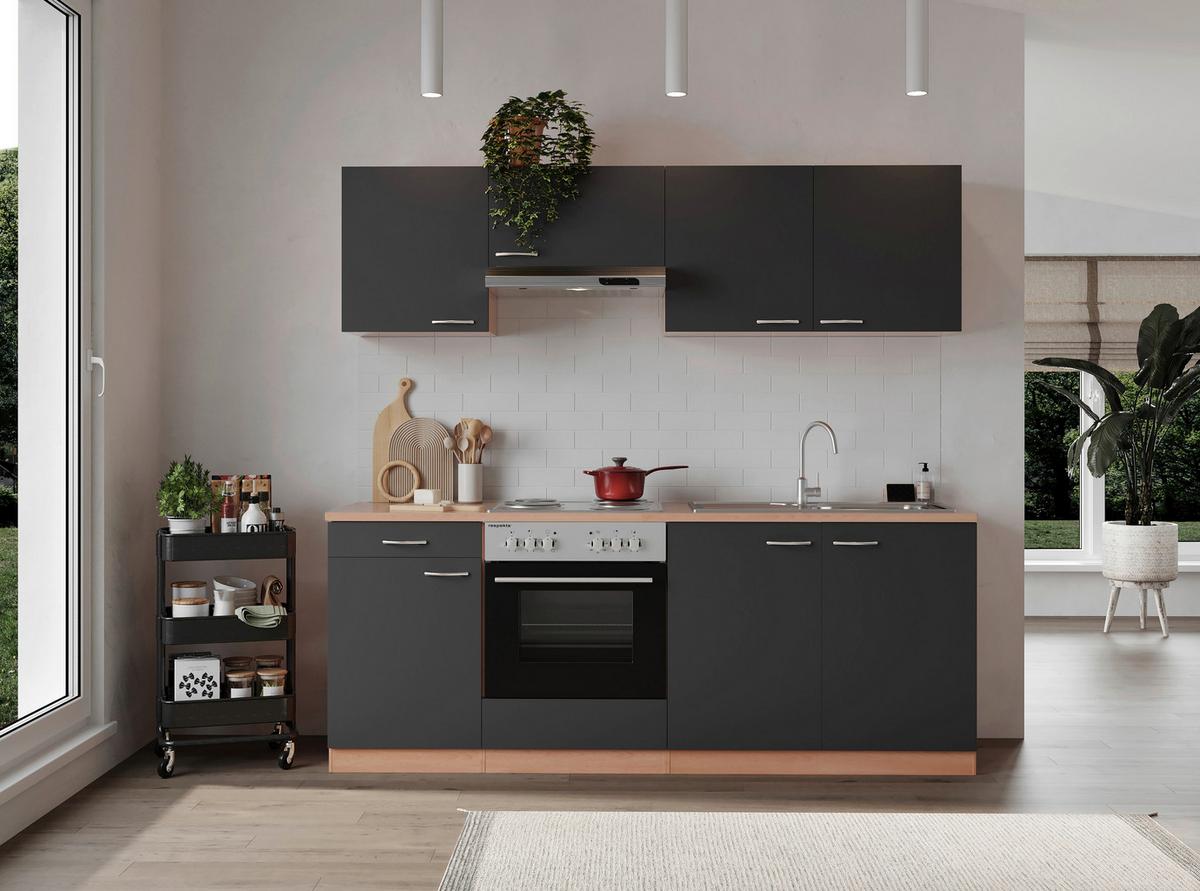 Küchenblock Gerda mit Geräten ca. 210 cm Grau - Buchefarben/Alufarben, Basics, Holzwerkstoff/Kunststoff (210cm) - Respekta