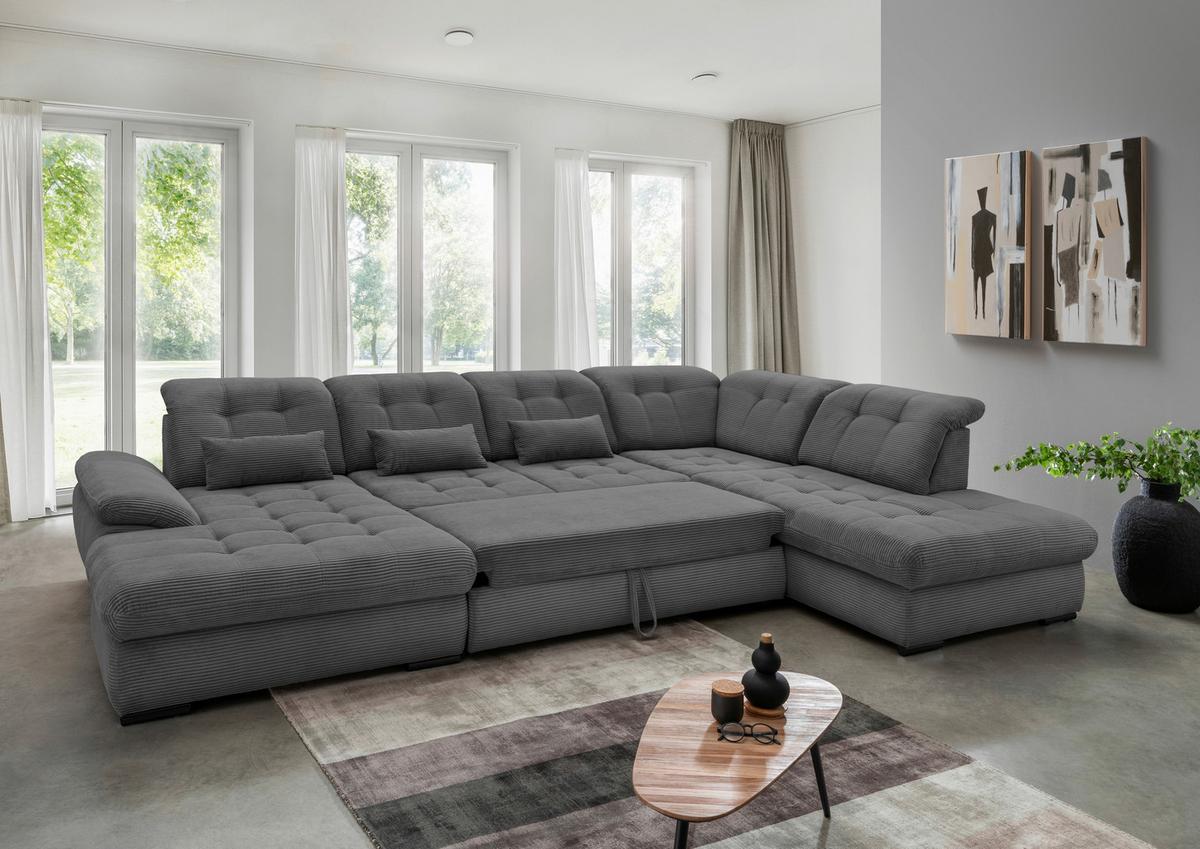 Wohnlandschaft Rigatti Grau Cord mit Bettkasten - Schwarz/Grau, MODERN, Textil/Metall (184/387/252cm) - Livetastic