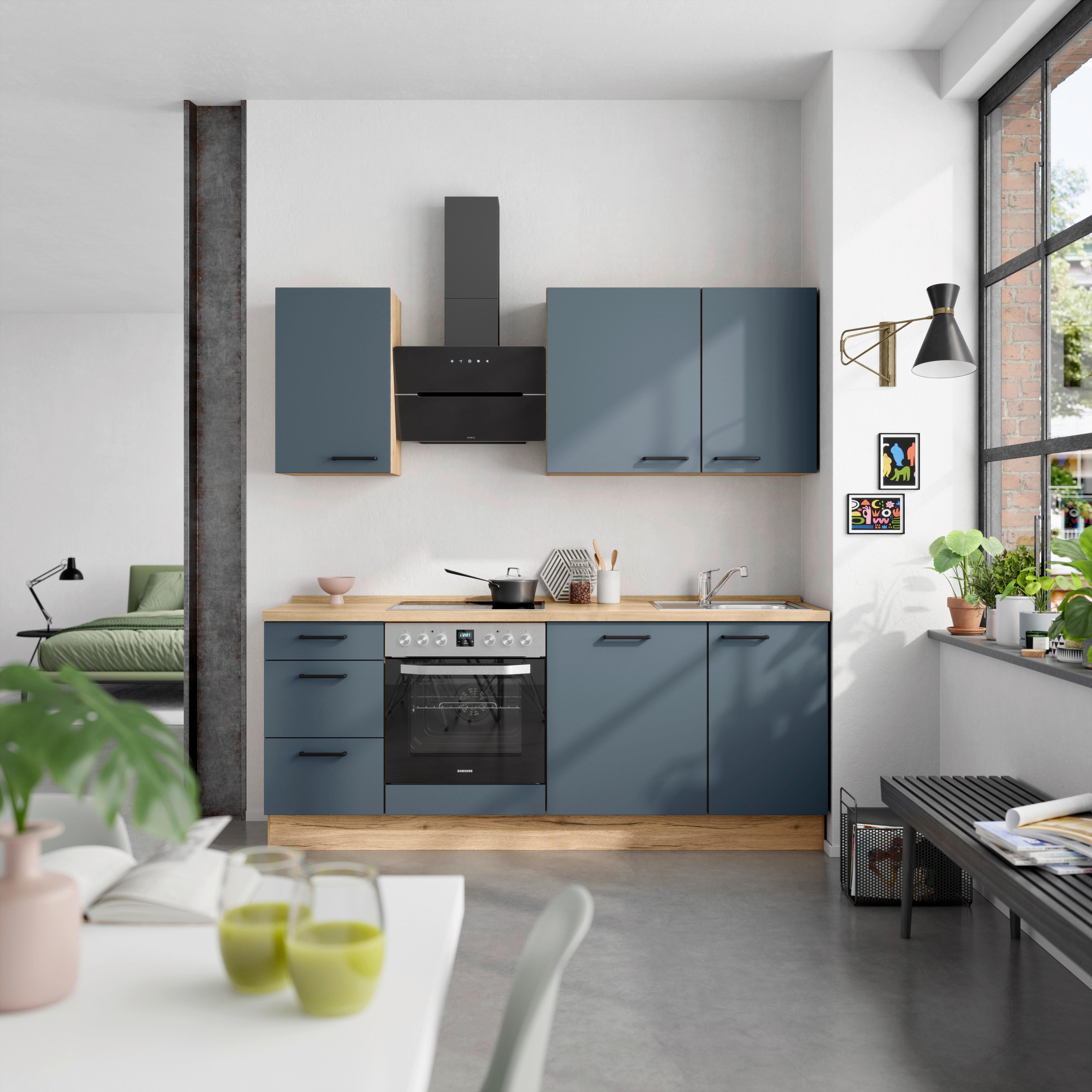 Küchenblock Easytouch High m. Geräten Dunkelblau - Eichefarben/Schwarz, MODERN, Holzwerkstoff/Metall (210cm) - Nobilia