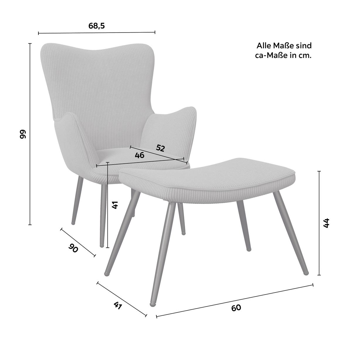 Sessel Aurora mit Hocker Cord Creme - Creme/Schwarz, MODERN, Holz/Textil (68,5/99/90cm) - Bessagi Home