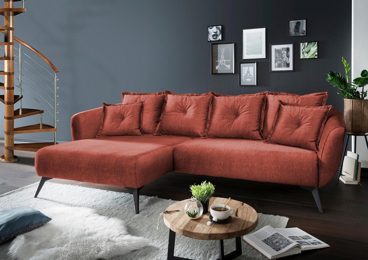 Wohnlandschaft Baggio Koralle Velours - Koralle/Schwarz, MODERN, Holz/Textil (162/277cm) - Livetastic