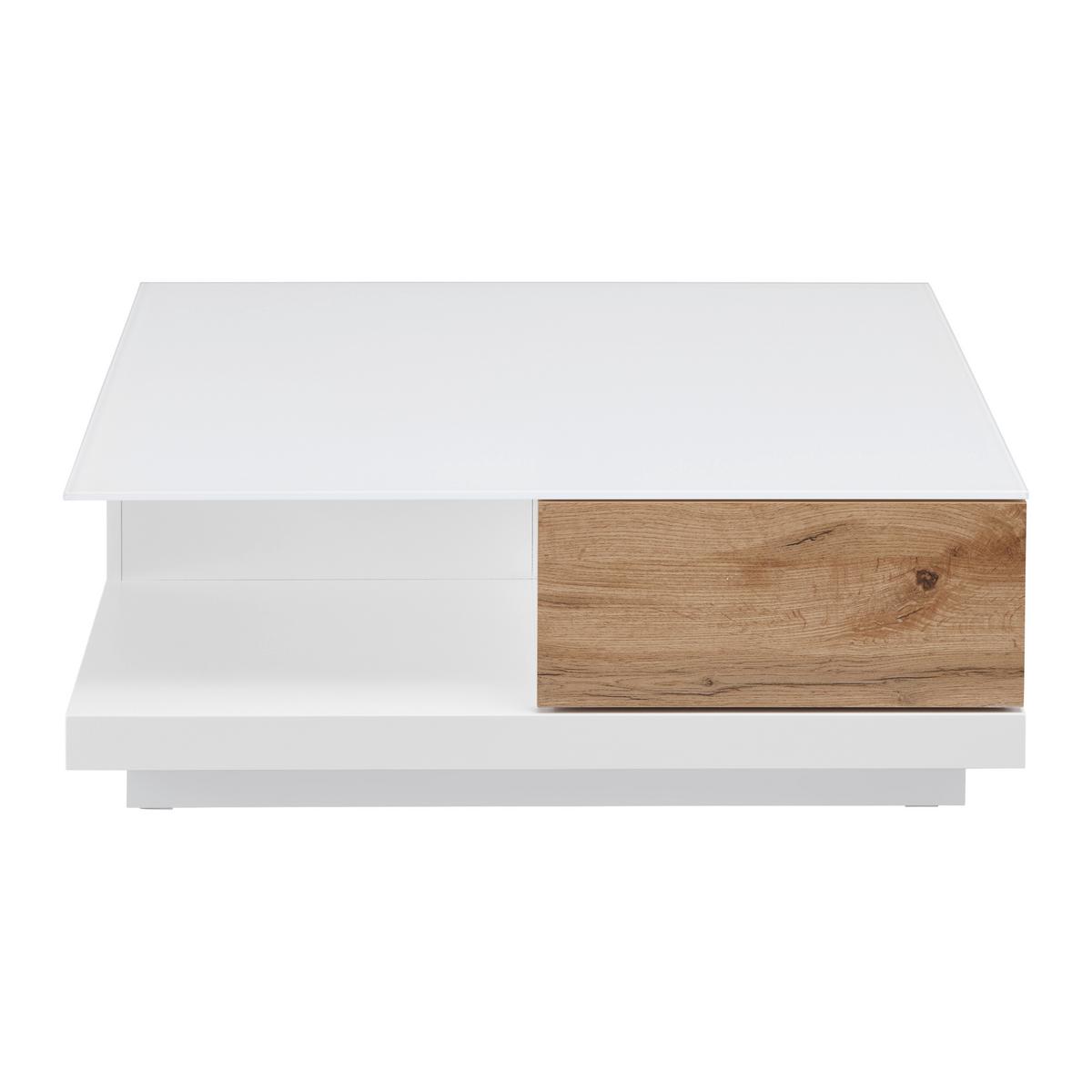 STOLIK KAWOWY NEVIO - kolor dębowy/biały, Modern, szkło (85/85/30cm) - Bessagi Home