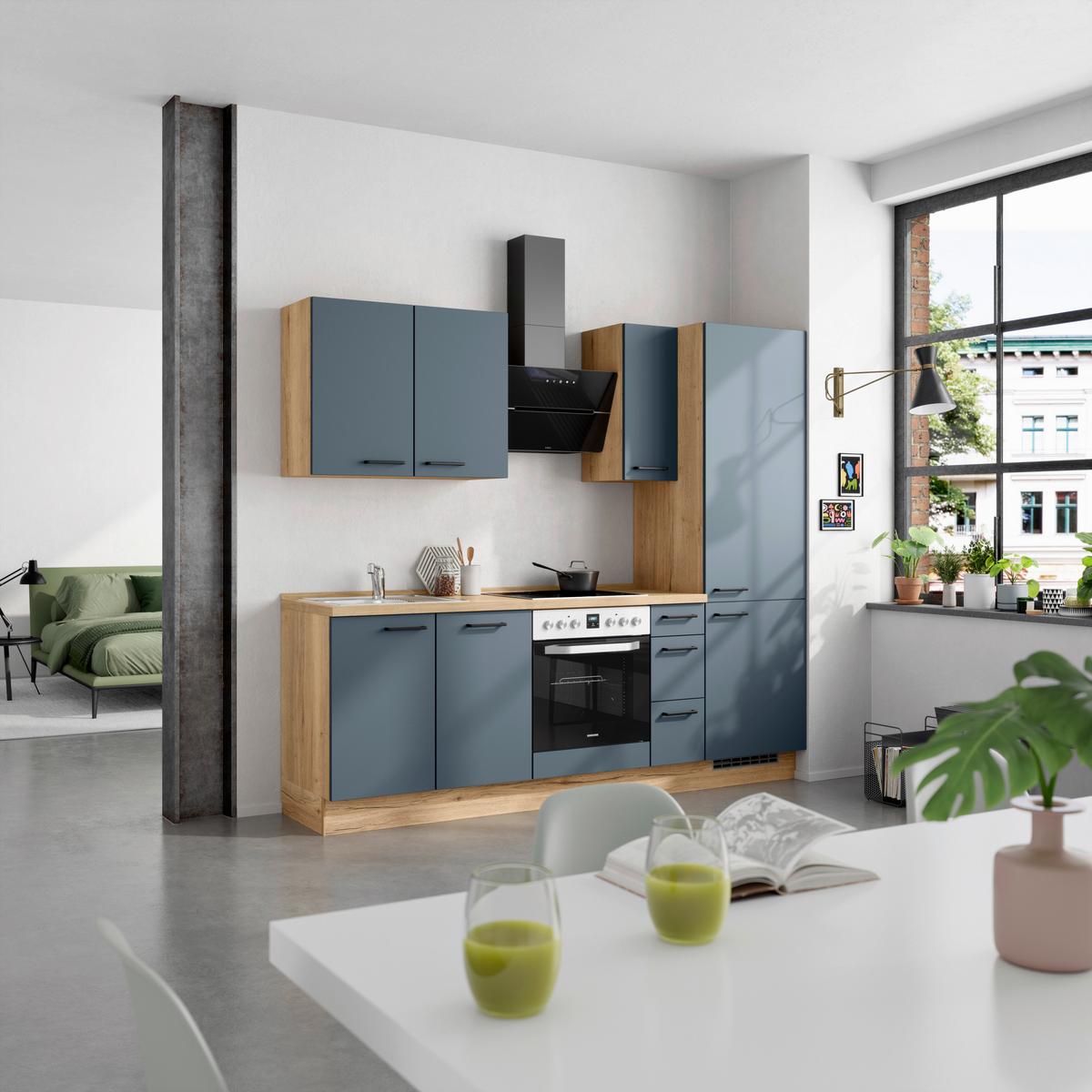 Küchenblock Easytouch High m. Geräten Dunkelblau - Eichefarben/Schwarz, MODERN, Holzwerkstoff/Metall (240cm) - Nobilia