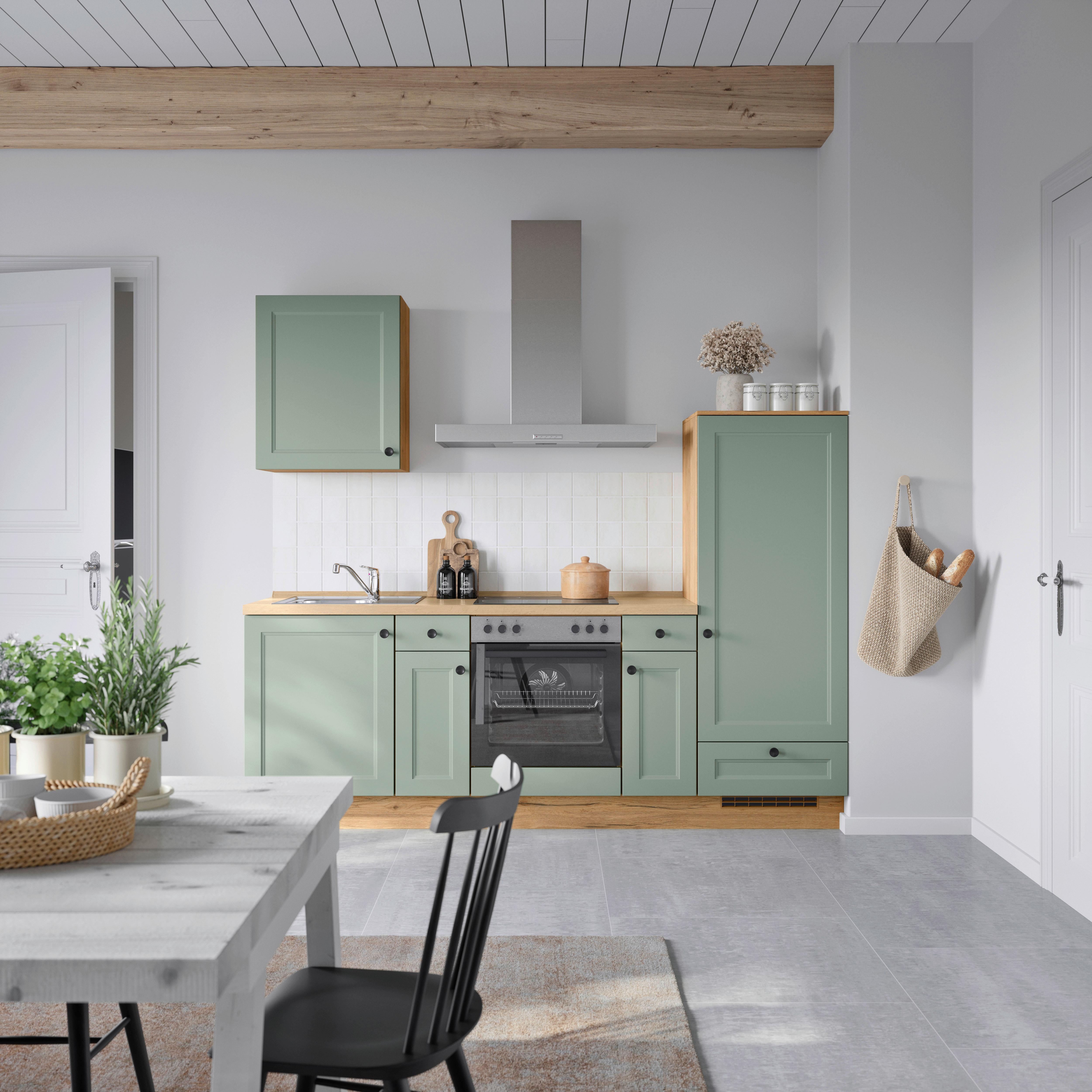Küchenblock Cascada Low m. Geräten Schilfgrün - Schilfgrün/Eichefarben, MODERN, Holzwerkstoff/Metall (240cm) - Nobilia