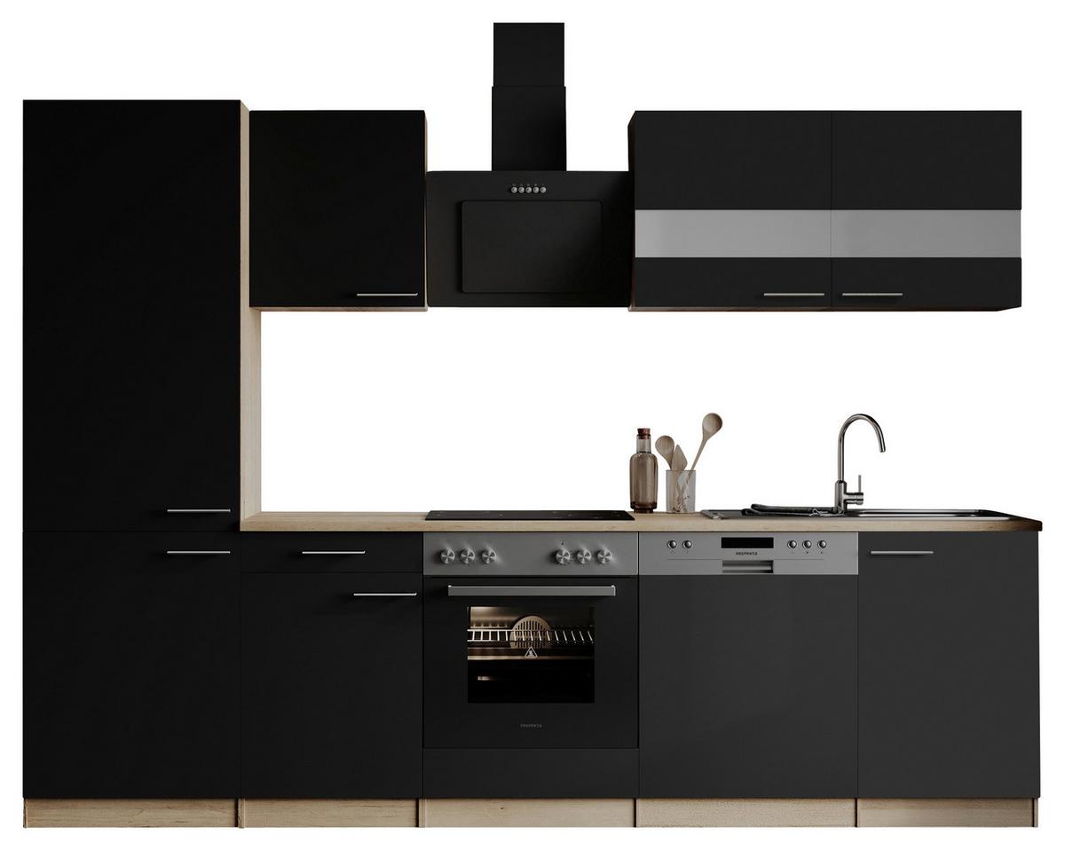 Küchenblock Merle m. Geräten Schwarz - Edelstahlfarben/Eichefarben, Basics, Holzwerkstoff/Metall (280cm) - Respekta