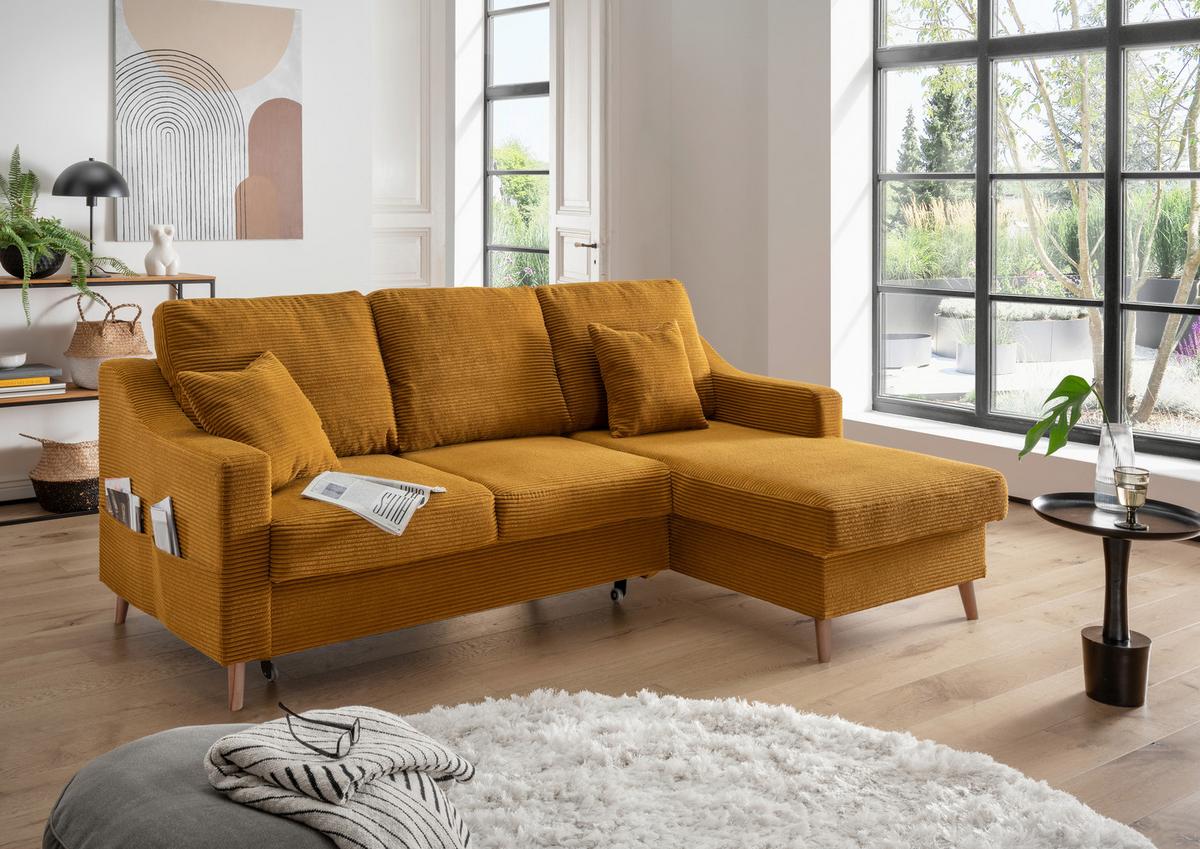Ecksofa Valentina Cord ca. 228x150 cm Gold - Goldfarben/Naturfarben, Design, Holz/Textil (228/150cm) - P & B