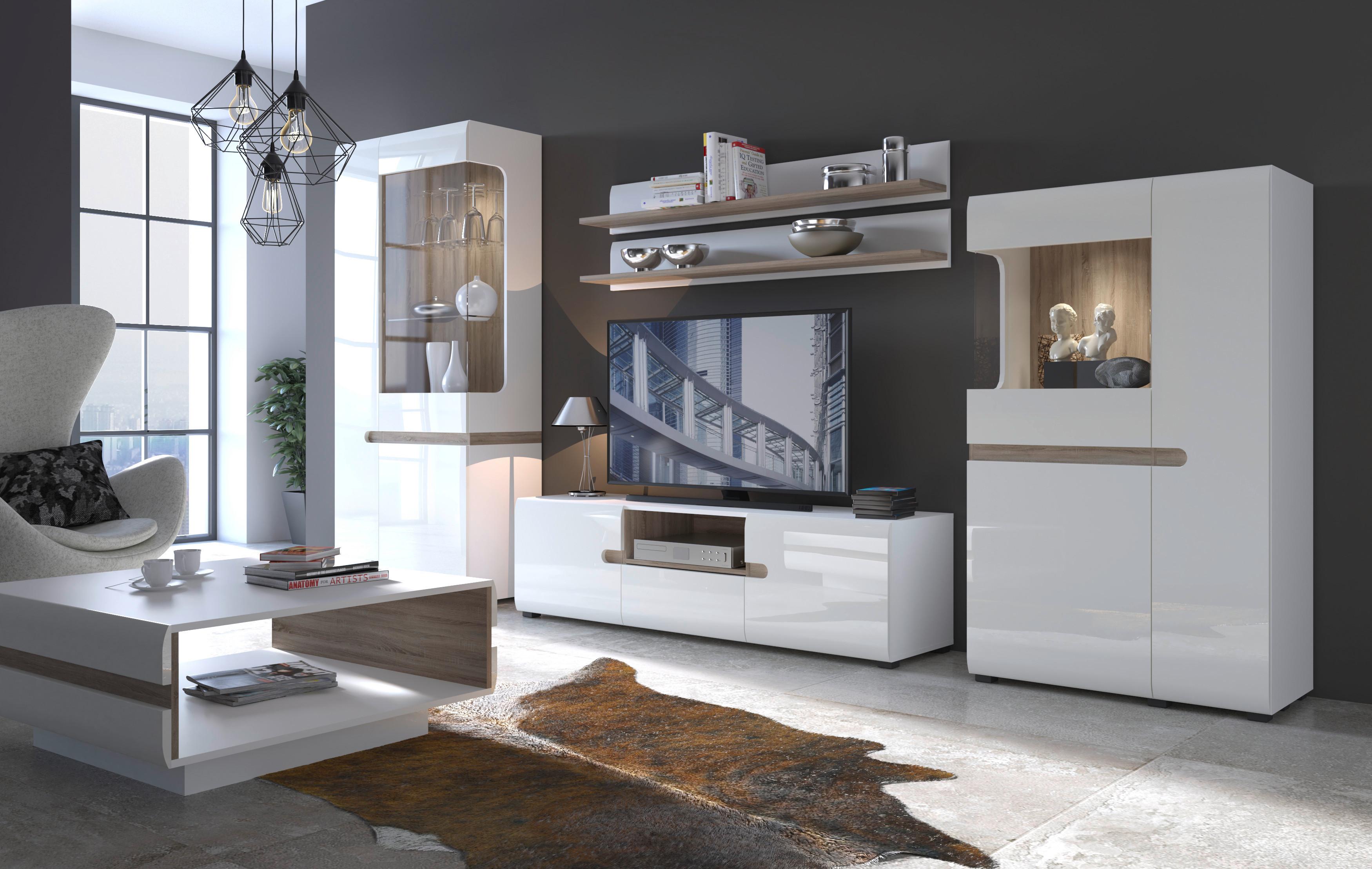 VITRINĂ LINATE - culoare lemn stejar pufos/alb lucios intens, Modern, sticlă/material pe bază de lemn (63,9/194,5/41,9cm) - Modern Living