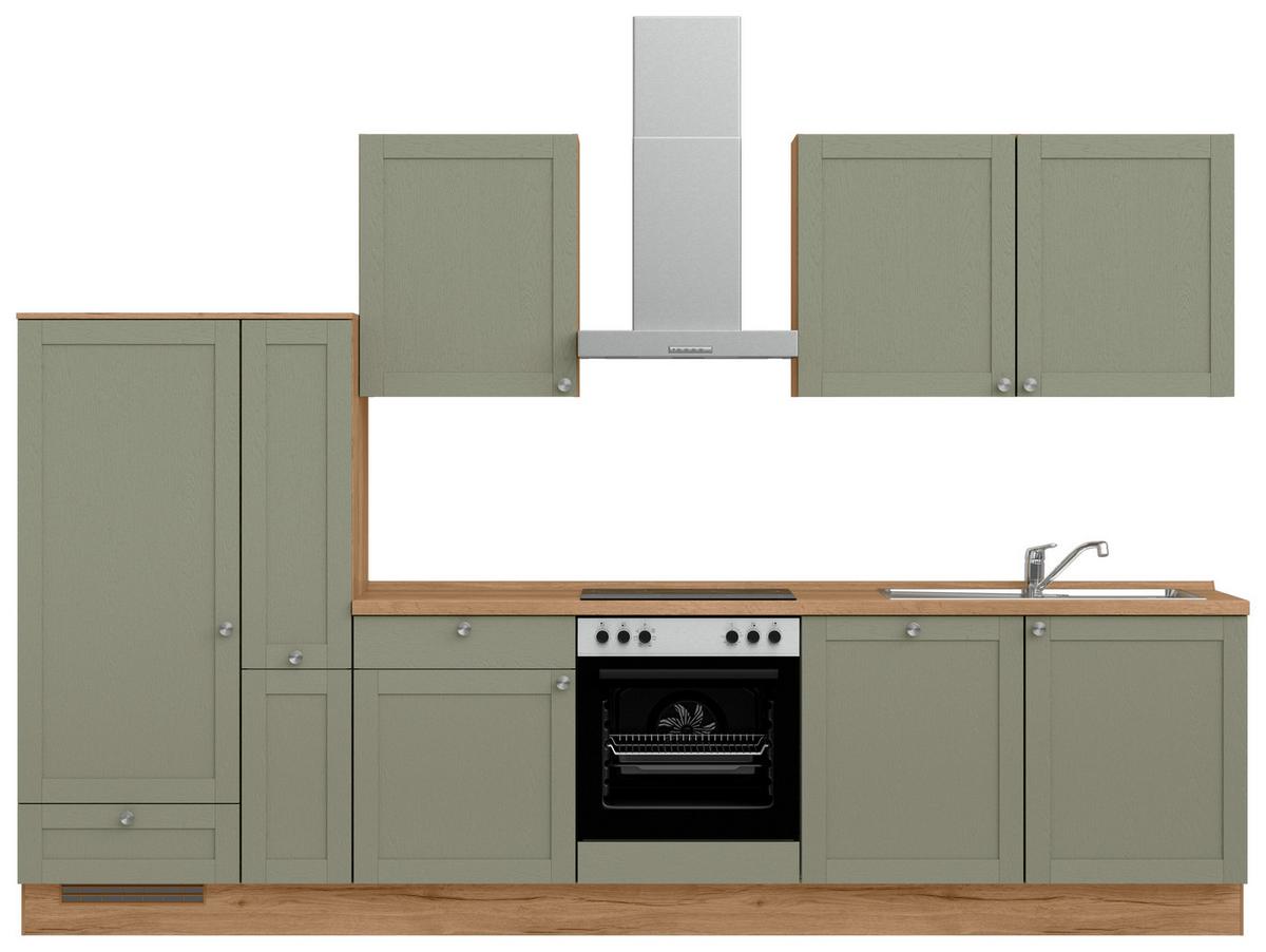 Küchenleerblock Frame Low o. Geräte Olivgrün - Edelstahlfarben/Eichefarben, MODERN, Holzwerkstoff/Metall (330cm) - Nobilia