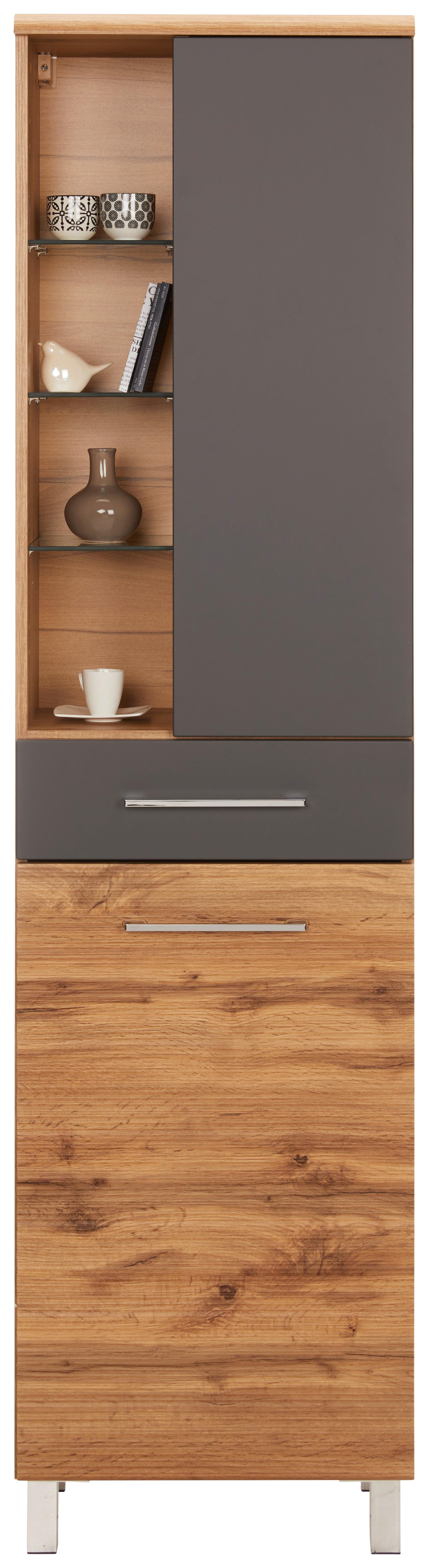 Hochschrank Anthrazit/Eichefarben - Chromfarben/Eichefarben, MODERN, Glas/Holzwerkstoff (50/194/33cm) - Premium Living