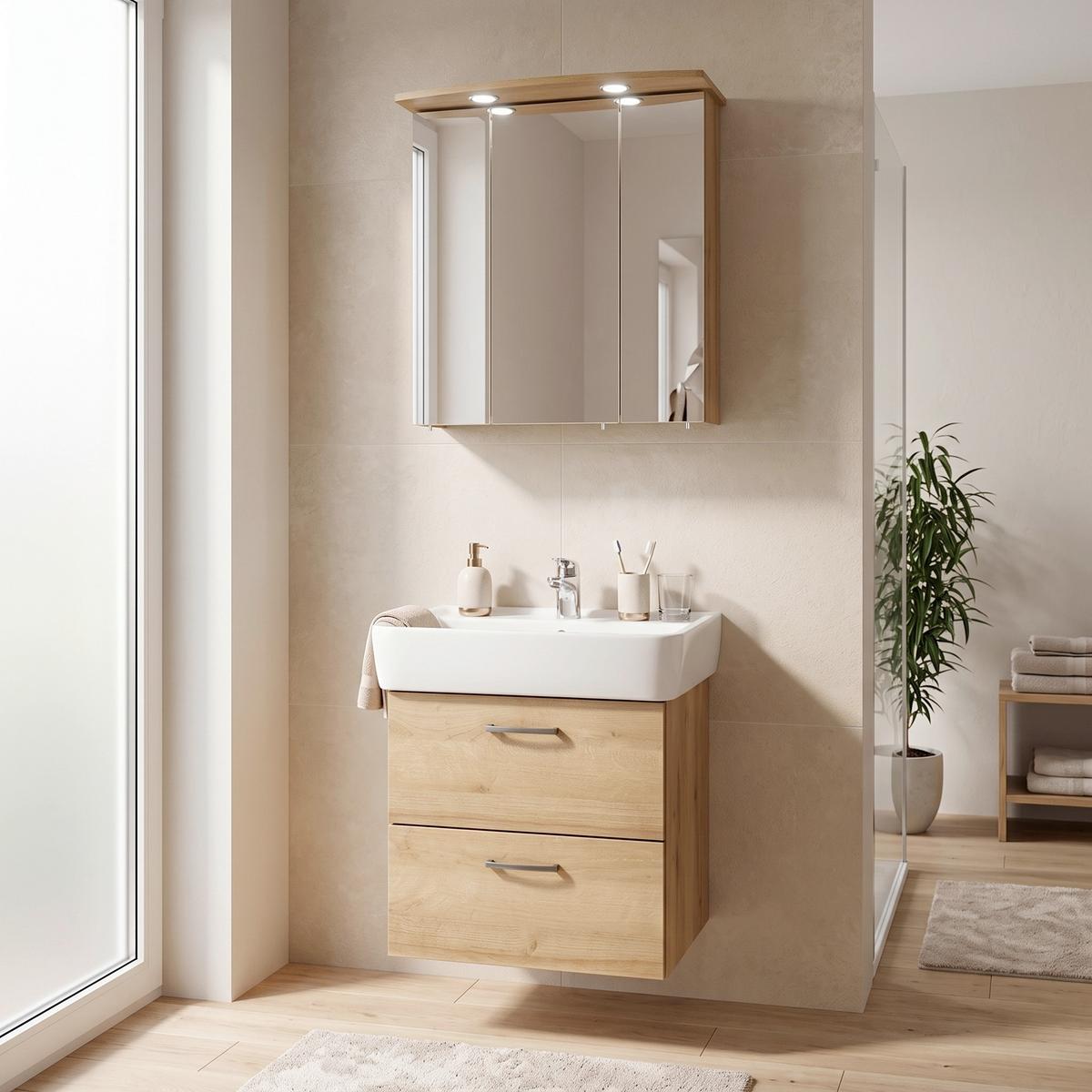 Badezimmer "Rüdesheim" , eiche - Eichefarben/Weiß, Basics, Keramik/Holzwerkstoff (65cm) - MID.YOU