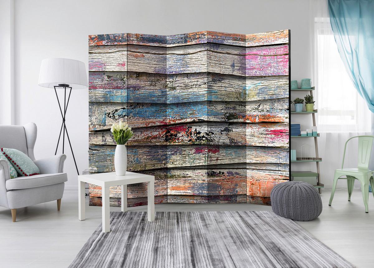 Paravan Colourful Wood I, 5-Delni, Dvostranski - večbarvno, Basics, tekstil/les (225/172/3cm) - artgeist