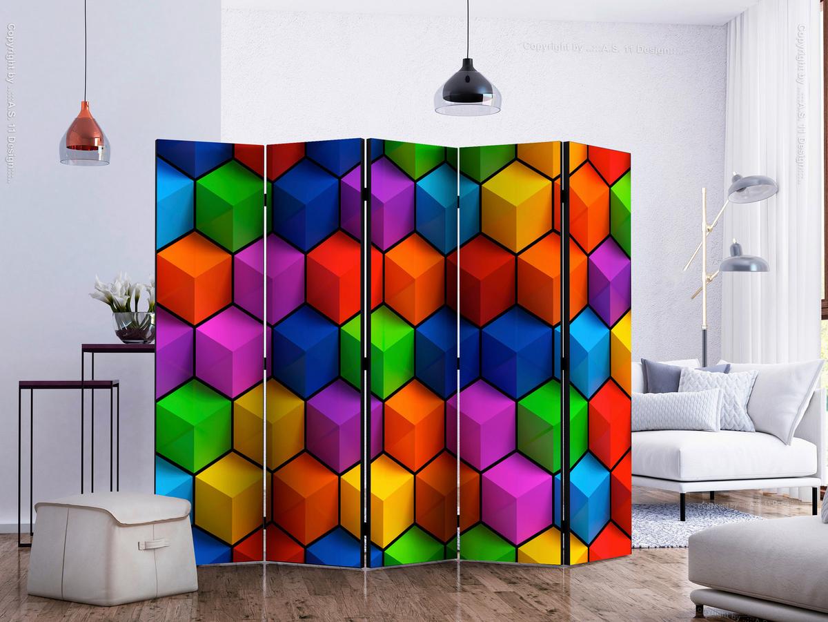 Paravan Colorful Geometric Boxes I, 5-Delni, Dvostranski - večbarvno, Basics, tekstil/les (225/172/3cm) - artgeist