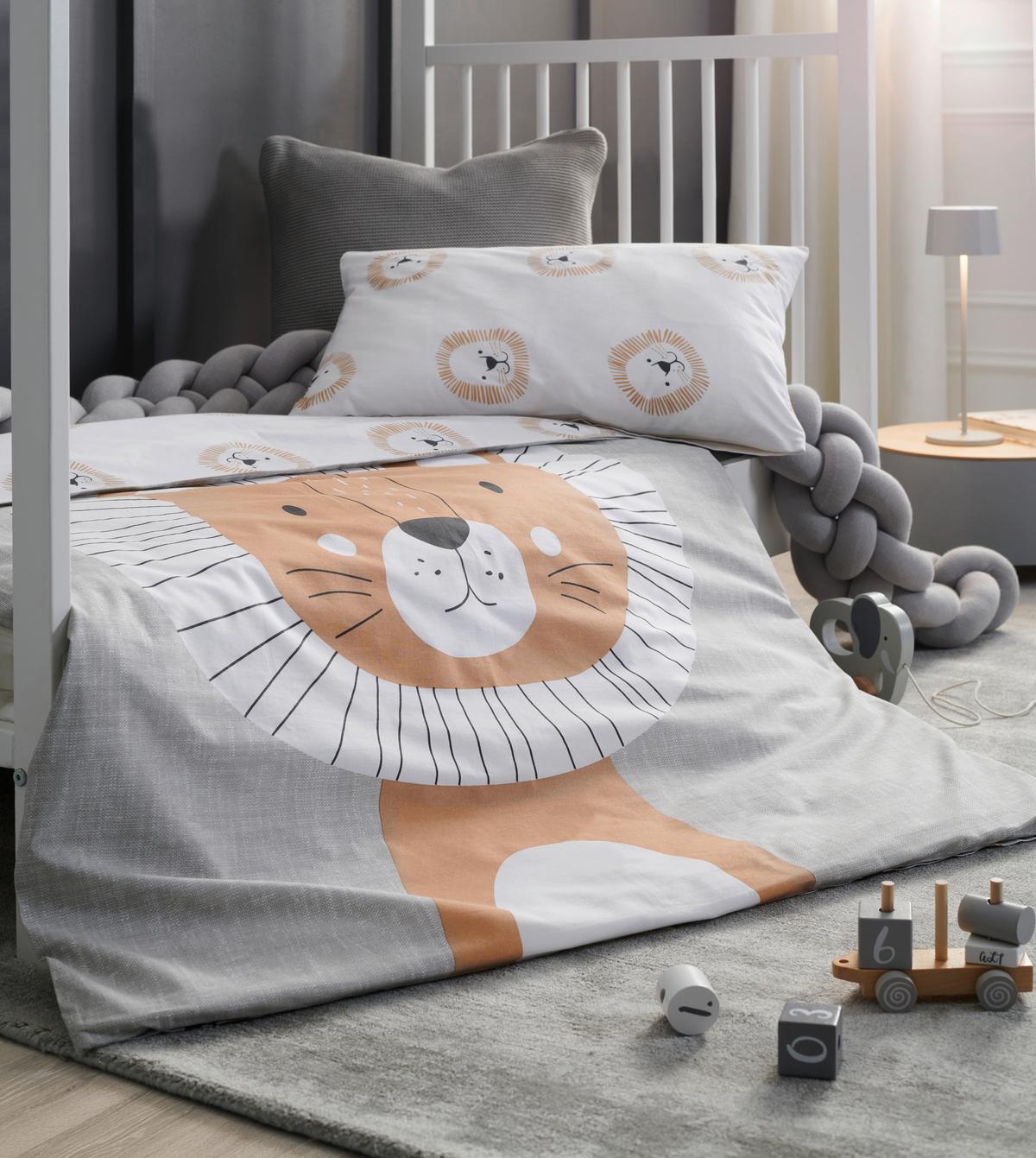 POŚCIEL NIEMOWLĘCA BEDRUCKT, LÖWE, - szary, Basics, tkanina (100/135cm) - Patinio