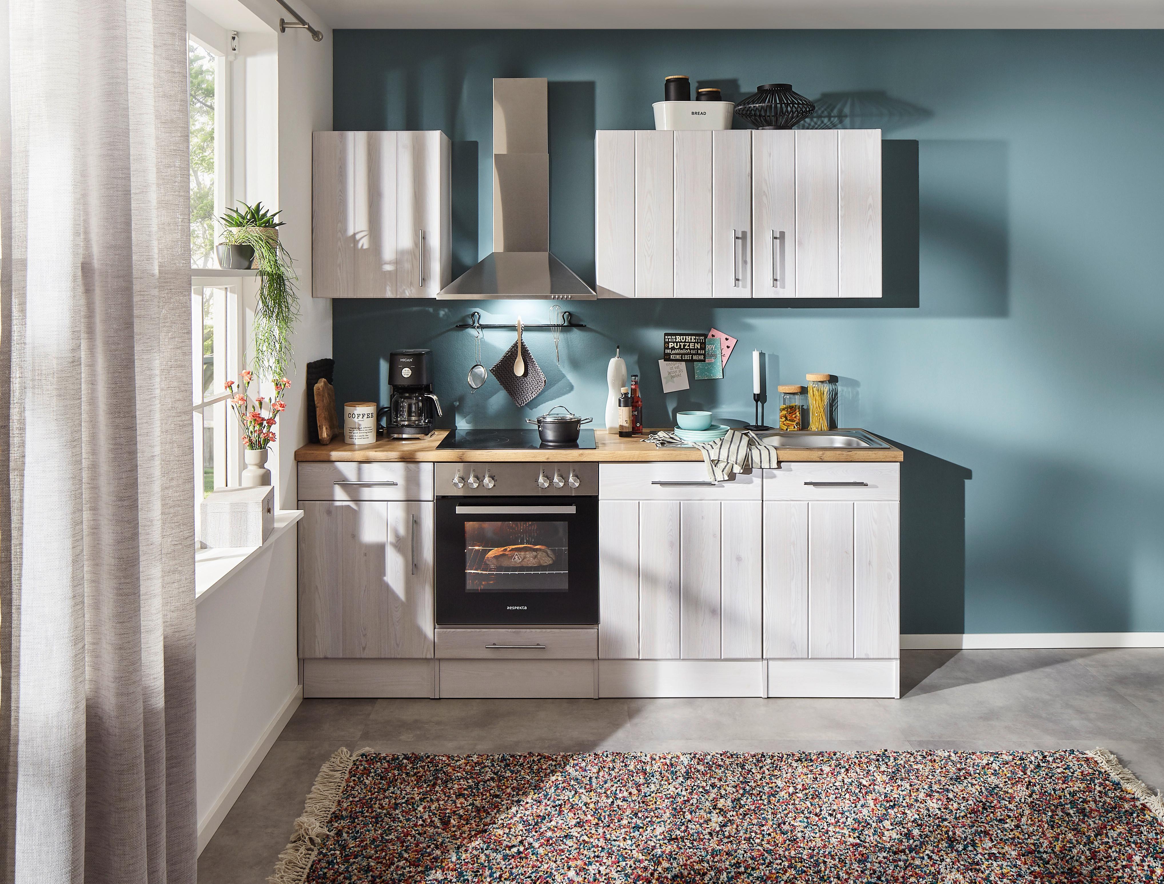 Küchenblock Anton Landhaus ohne Geräte ca. 220 cm Weiß - Wildeiche/Edelstahlfarben, Basics, Holzwerkstoff/Metall (220cm) - Respekta