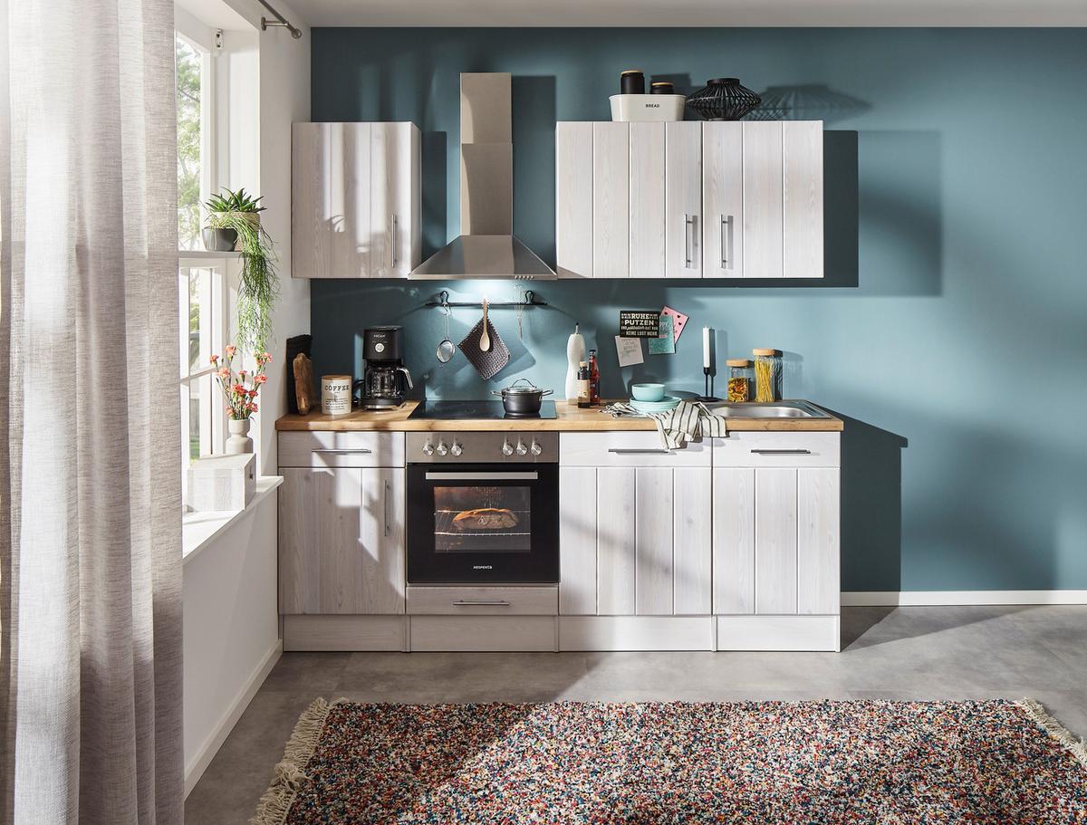 Küchenblock Anton Landhaus ohne Geräte ca. 220 cm Weiß - Wildeiche/Edelstahlfarben, Basics, Holzwerkstoff/Metall (220cm) - Respekta