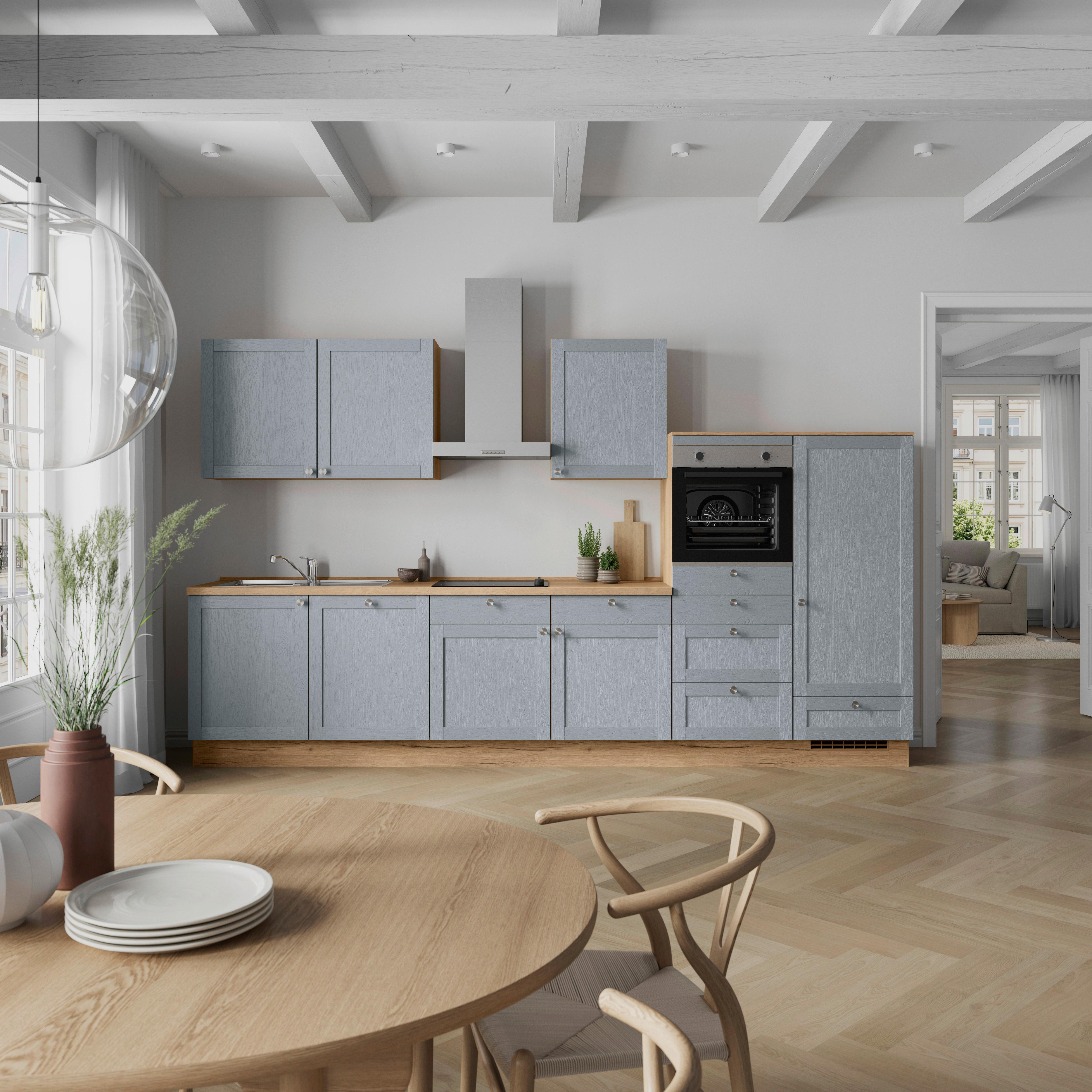Küchenleerblock Frame Low o. Geräte Blaugrau - Edelstahlfarben/Eichefarben, MODERN, Holzwerkstoff/Metall (360cm) - Nobilia