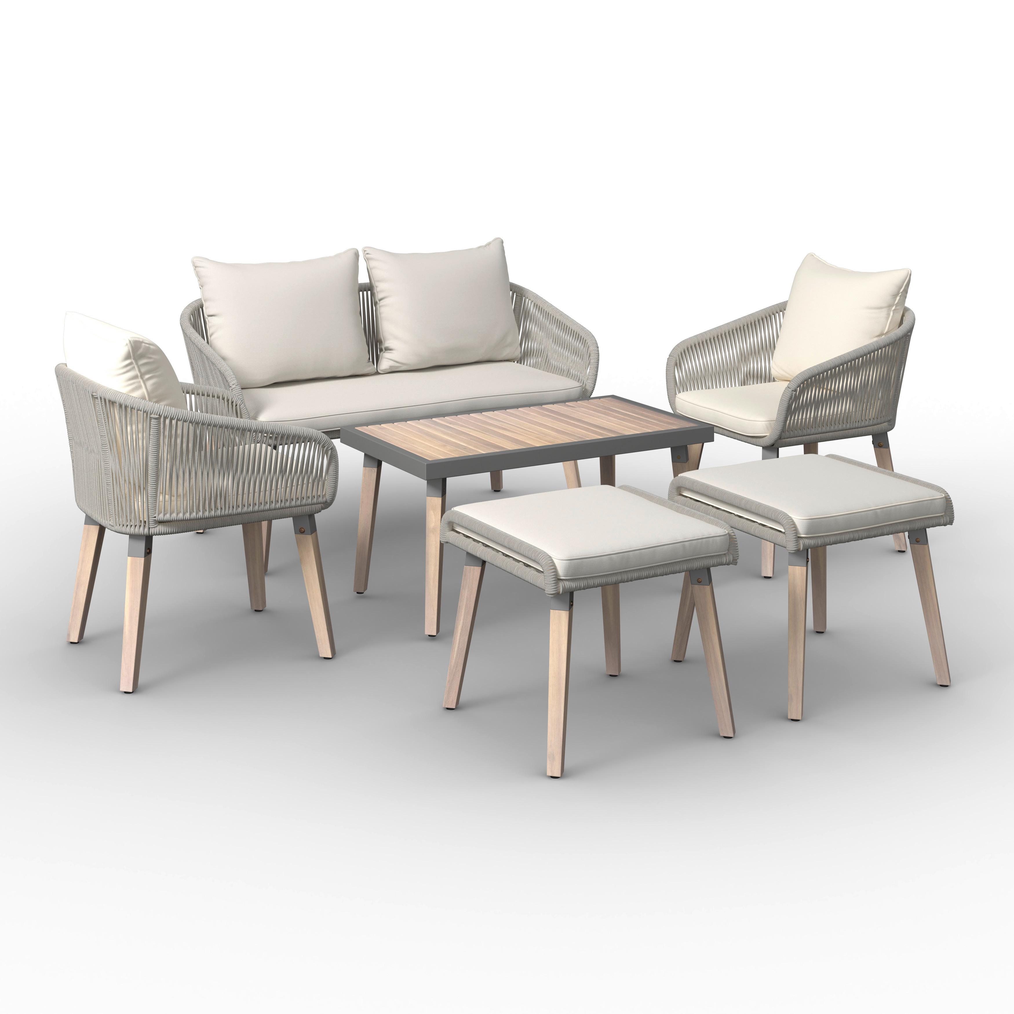 Loungegarnitur Elodie Creme Outdoorstoff/Holz - Creme/Schwarz, MODERN, Holz/Kunststoff - Bessagi Garden