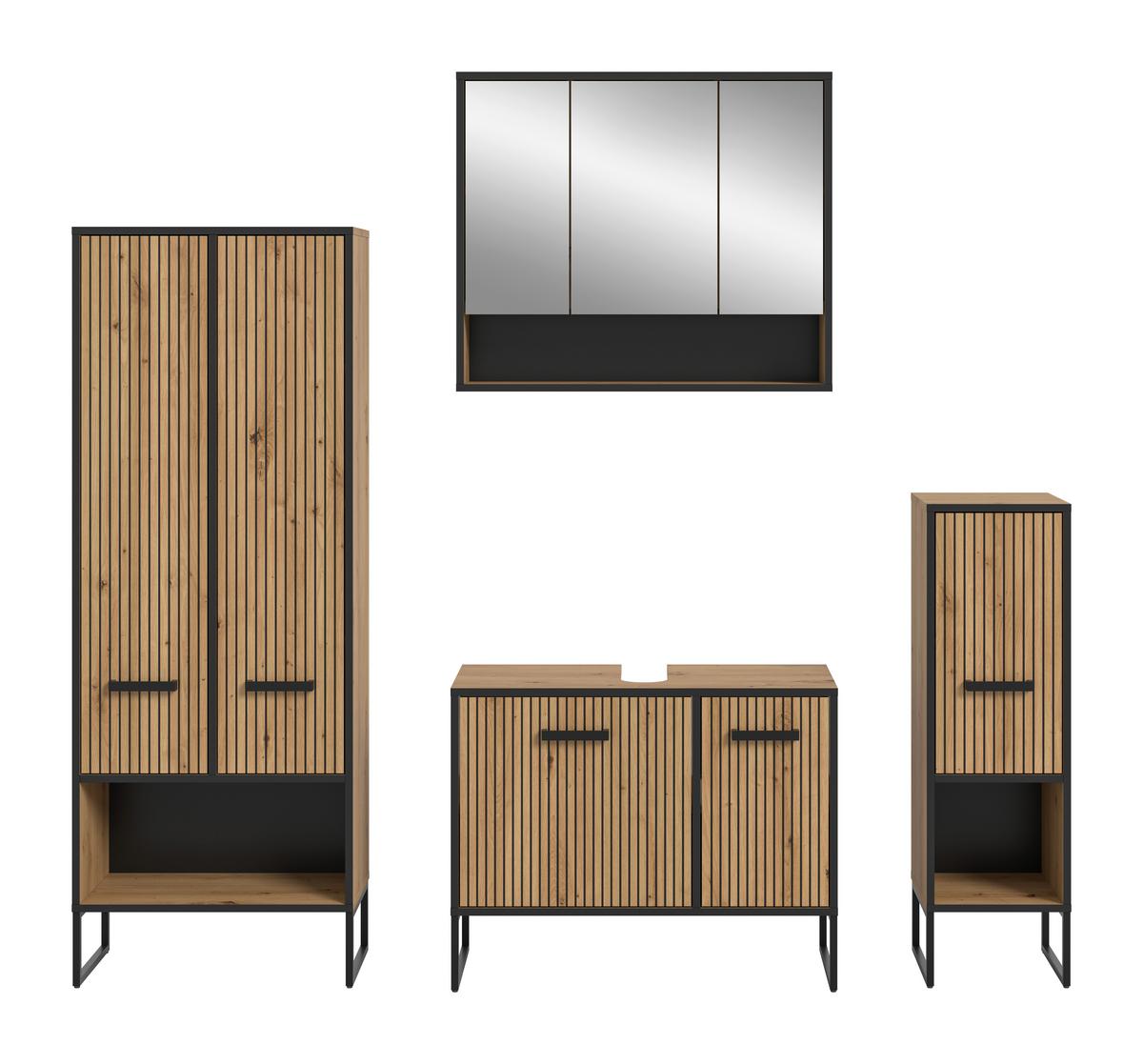 Badezimmer Bagno 4-tlg. Eiche Artisan/Schwarz - Schwarz/Eiche Artisan, Trend, Glas/Holzwerkstoff (169cm) - MID.YOU