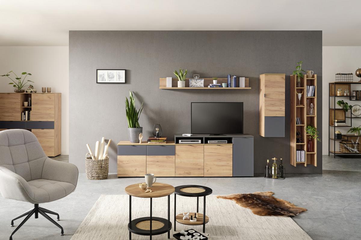 TV-Element in Graphit/Eichefarben - Eichefarben/Graphitfarben, MODERN, Holzwerkstoff/Metall (193/57/41cm) - Premium Living