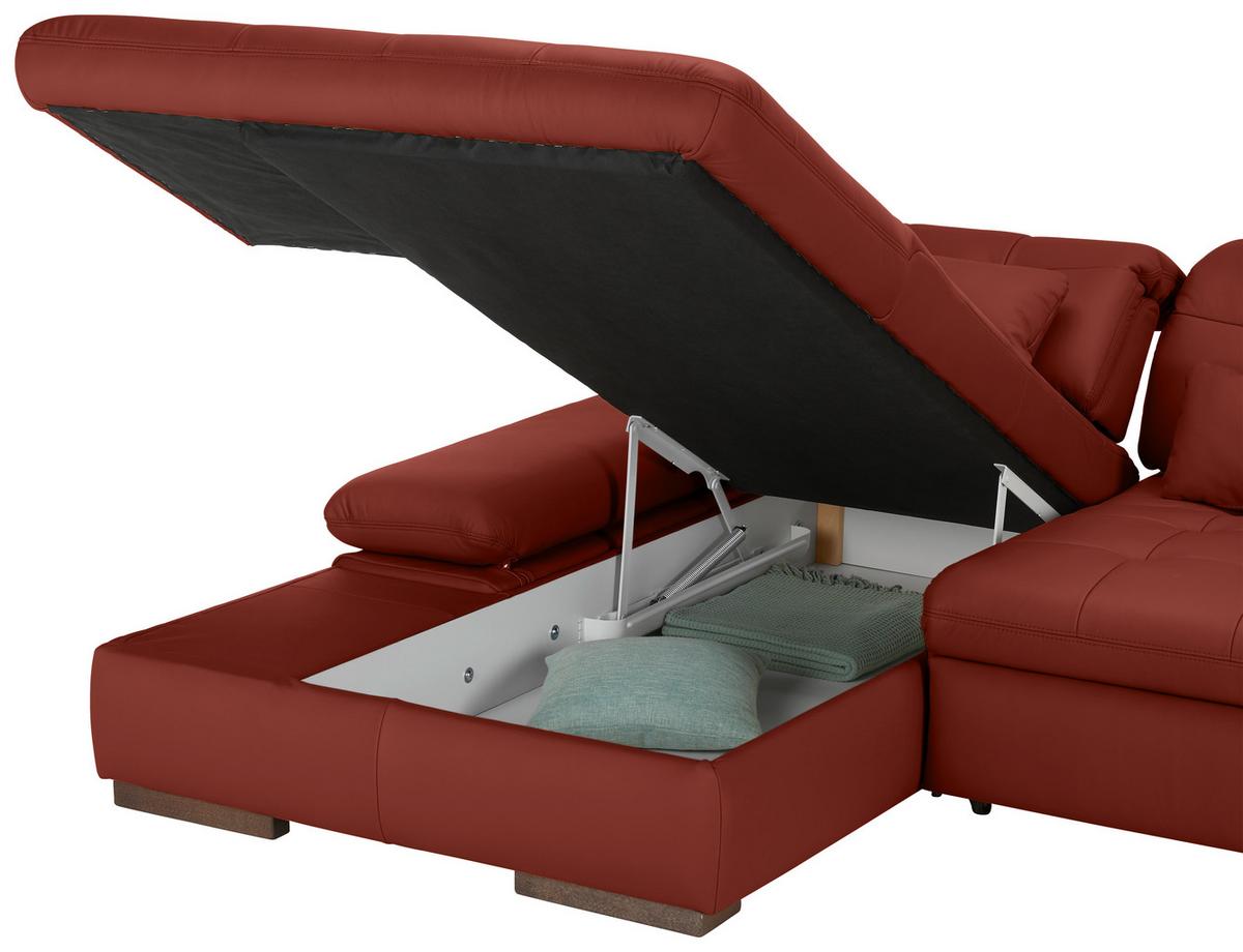 Wohnlandschaft Sanfino Leder Weinrot - Chromfarben/Weinrot, KONVENTIONELL, Leder/Metall (199/79-96/305cm) - Premium Living